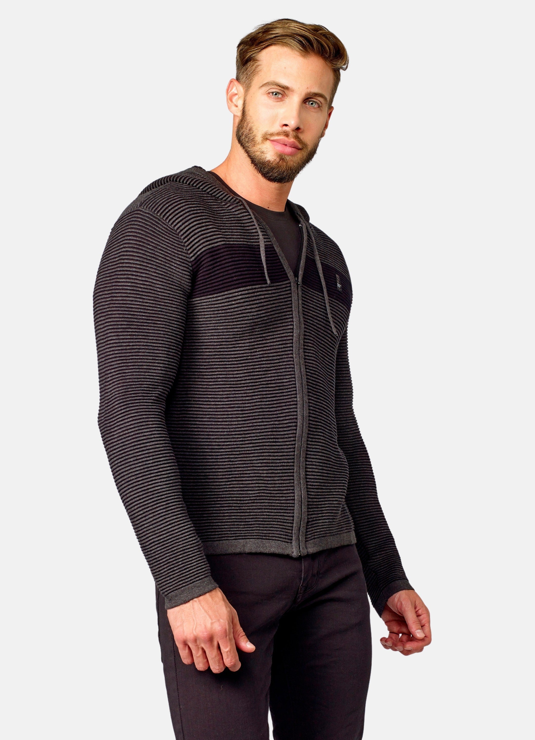 Chaqueta Punto Canutillo Hombre con Capucha y Cremallera – Koroshi Negro