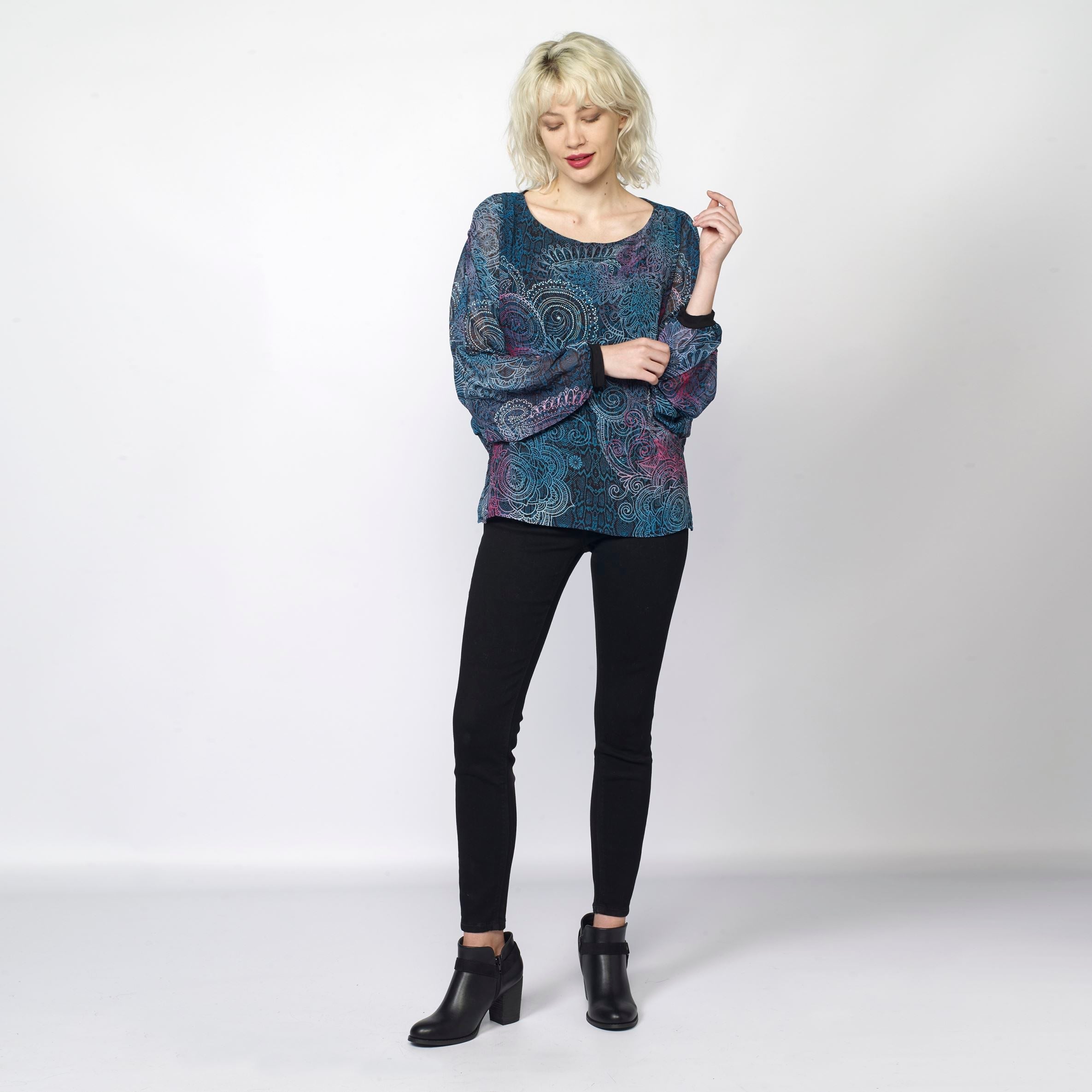 Blusa Mujer Estampado Mandalas Manga Murciélago – Koroshi Azul Aqua