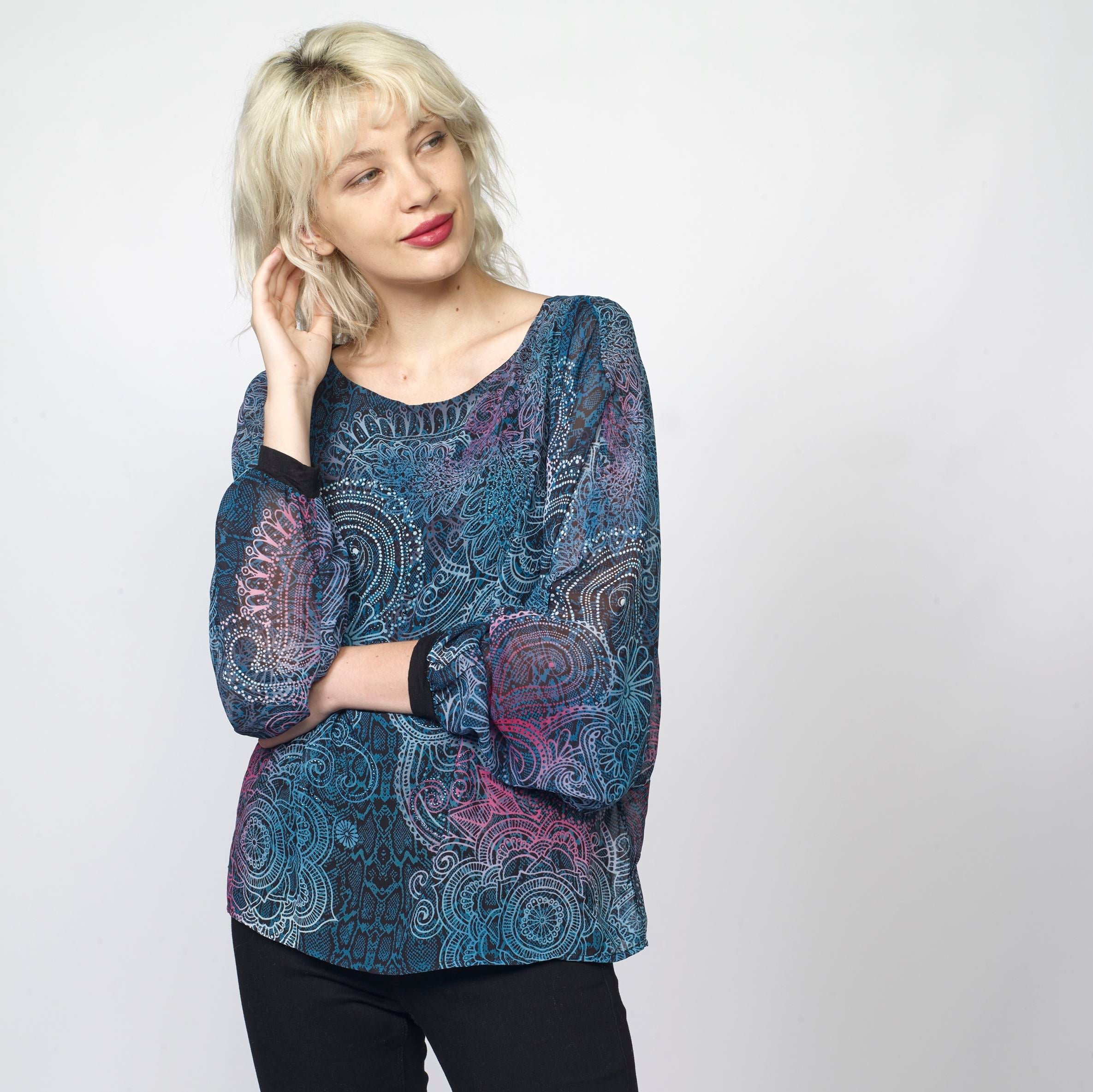 Blusa Mujer Estampado Mandalas Manga Murciélago – Koroshi Azul Aqua