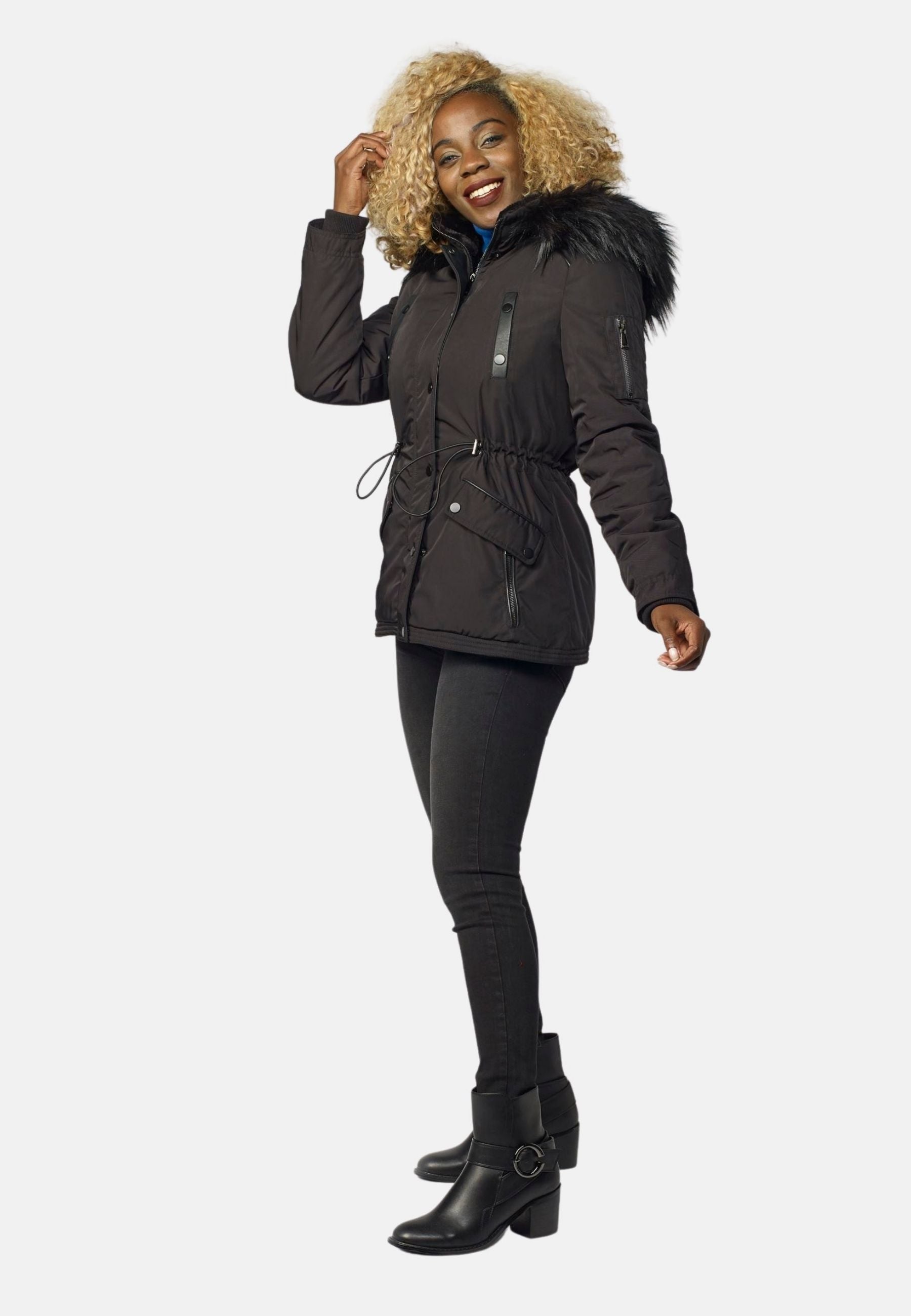Chaqueta Parka Corta Acolchada Mujer con Capucha de Pelo – Koroshi 2022JA57