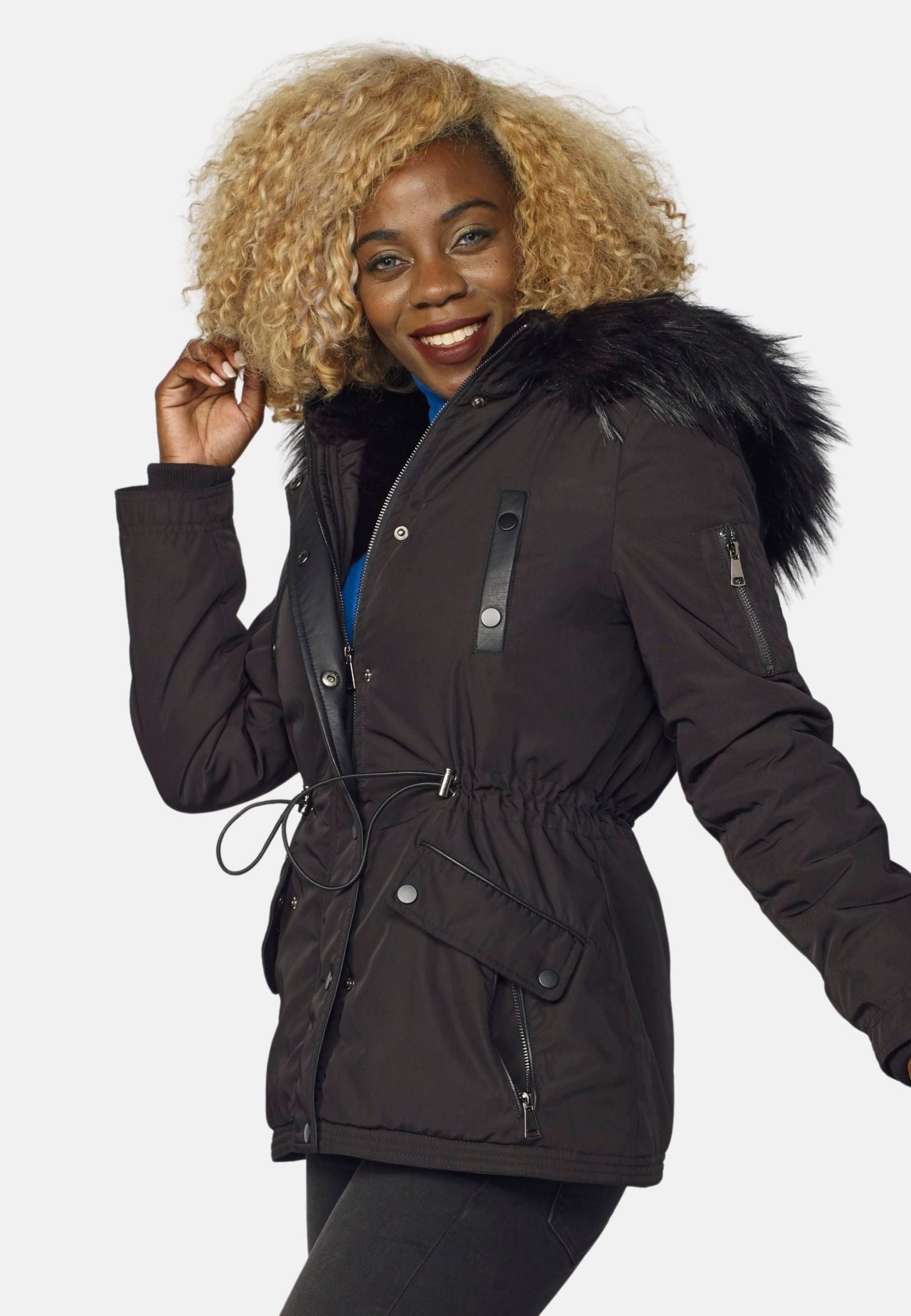 Chaqueta Parka Corta Acolchada Mujer con Capucha de Pelo – Koroshi 2022JA57