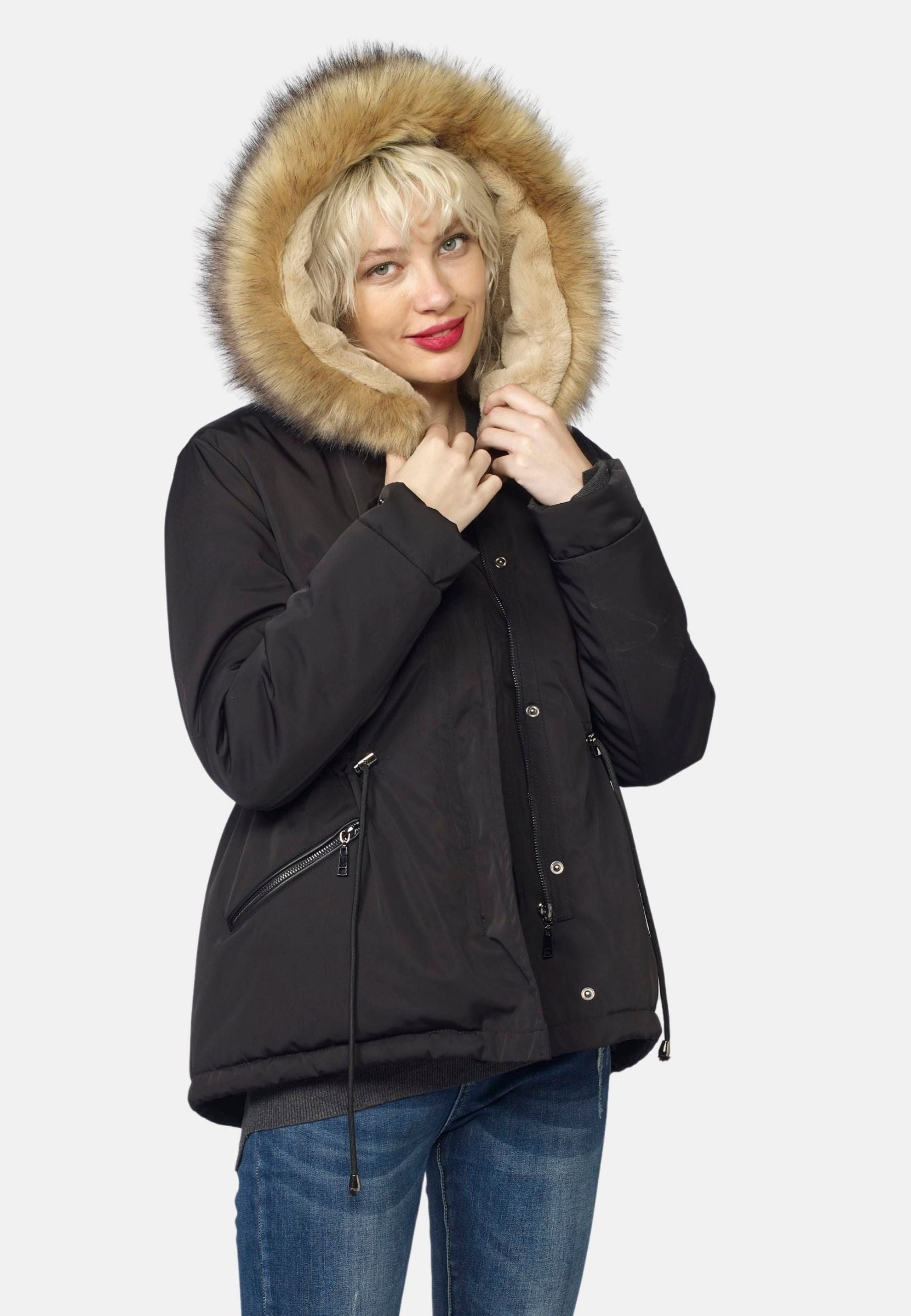 Parka Corta Acolchada Mujer con Capucha de Pelo – Koroshi 2022JA62