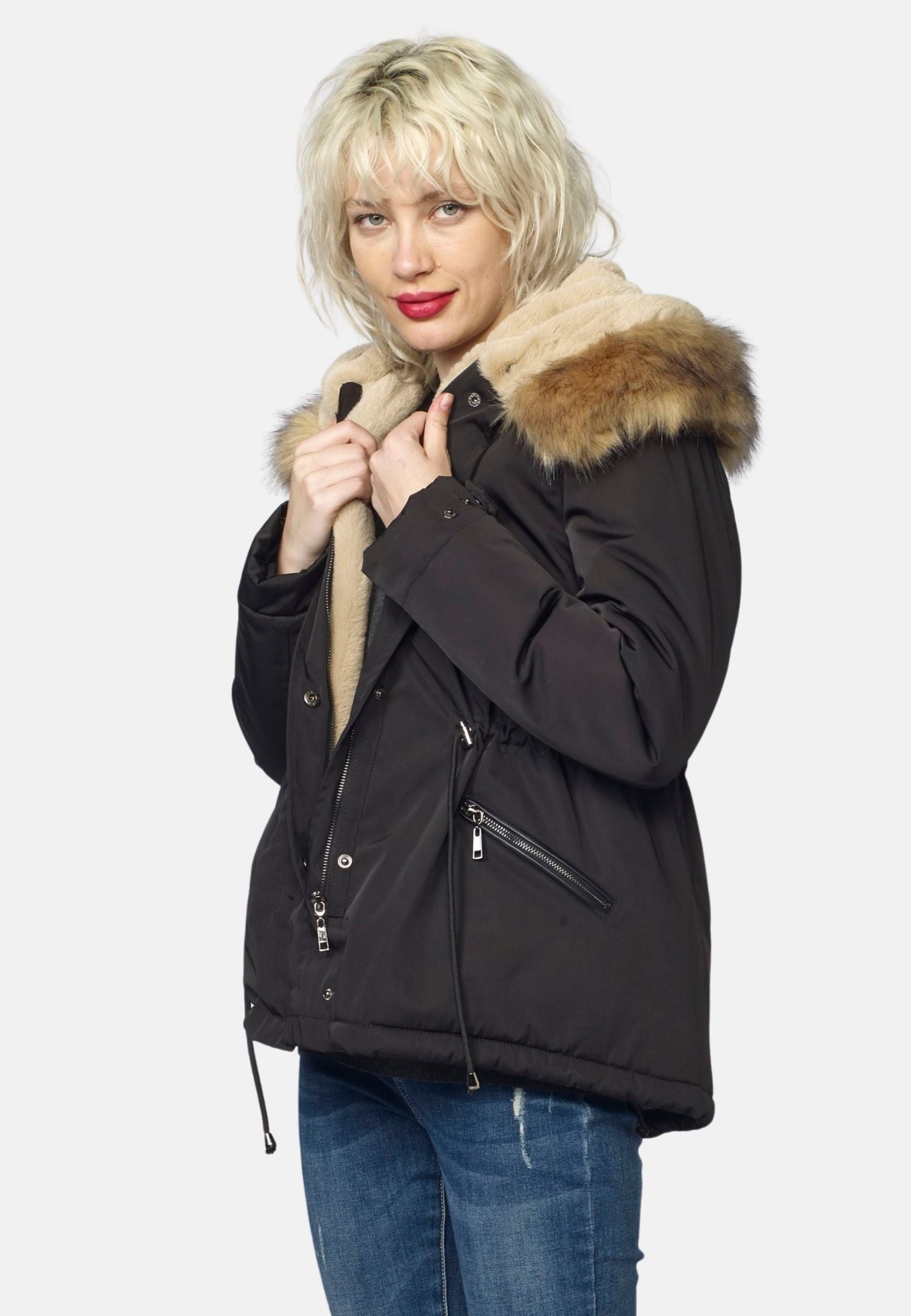 Parka Corta Acolchada Mujer con Capucha de Pelo – Koroshi 2022JA62