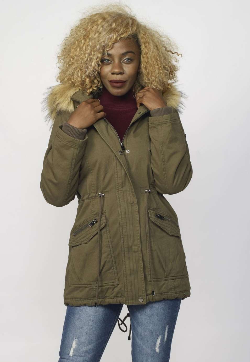 Parka Larga Mujer de Algodón con Capucha de Pelo – Koroshi Caqui