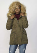 Parka Larga Mujer de Algodón con Capucha de Pelo – Koroshi Caqui