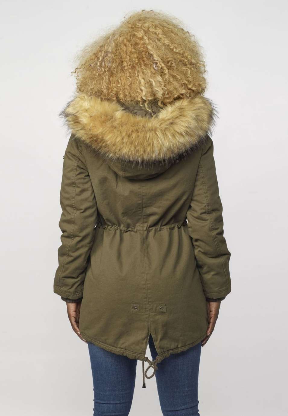 Parka Larga Mujer de Algodón con Capucha de Pelo – Koroshi Caqui