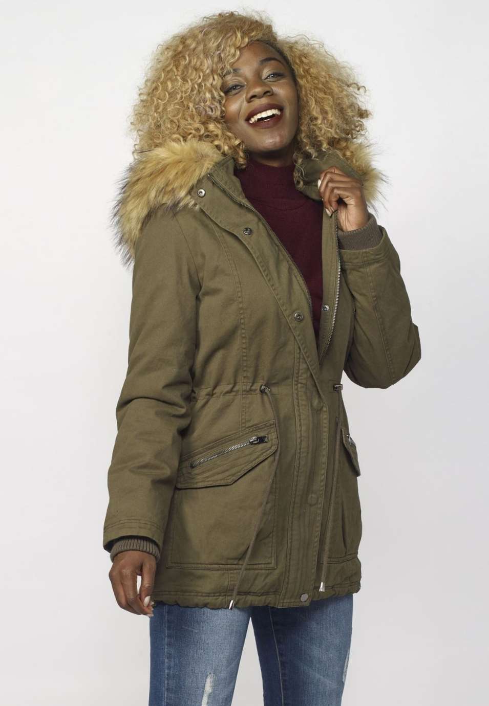 Parka Larga Mujer de Algodón con Capucha de Pelo – Koroshi Caqui