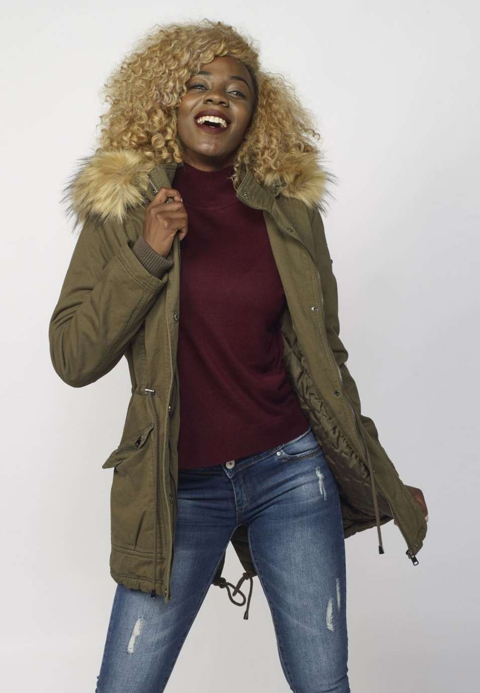 Parka Larga Mujer de Algodón con Capucha de Pelo – Koroshi Caqui