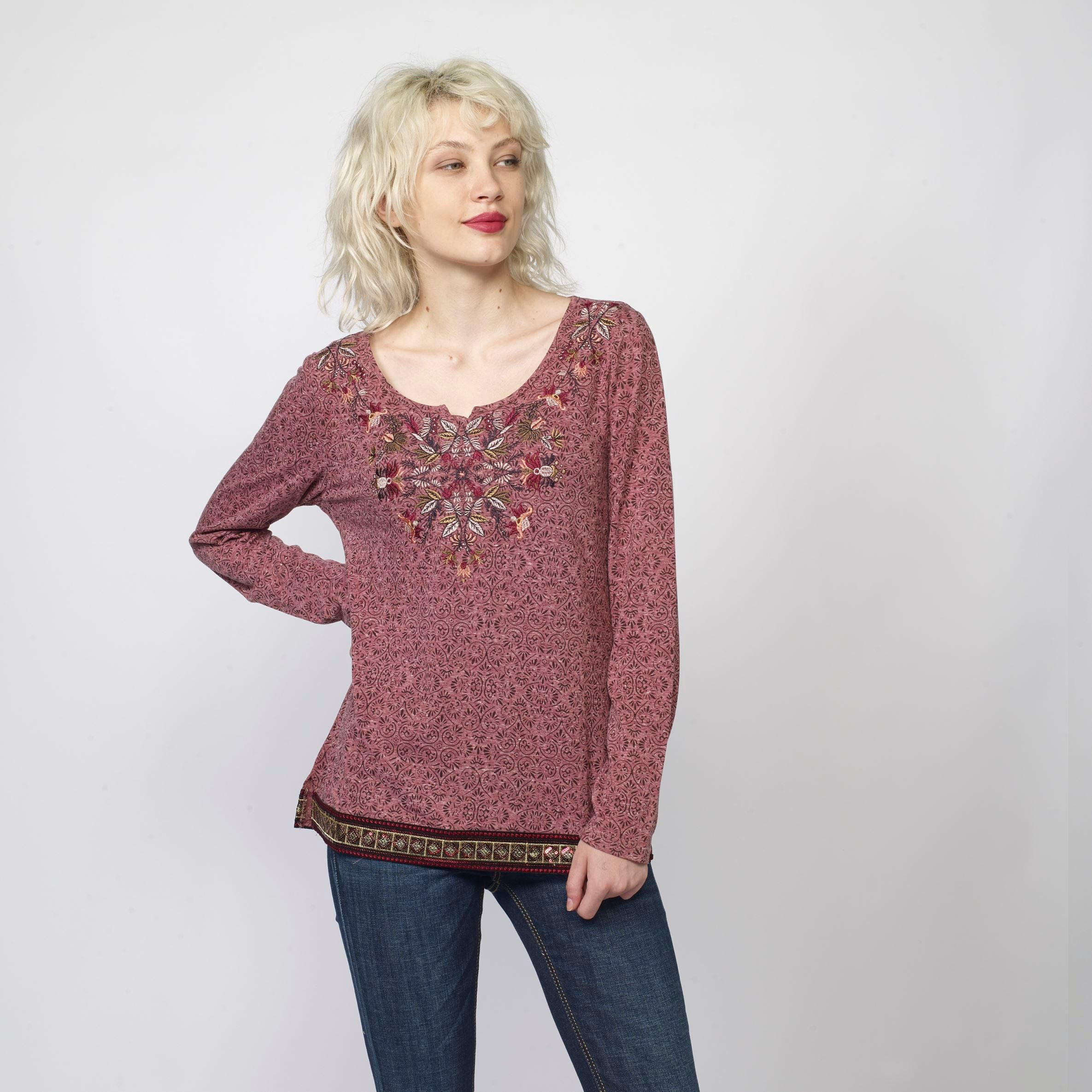 Camiseta Manga Larga Mujer Bordado Floral y Lurex – Koroshi 2022ML22