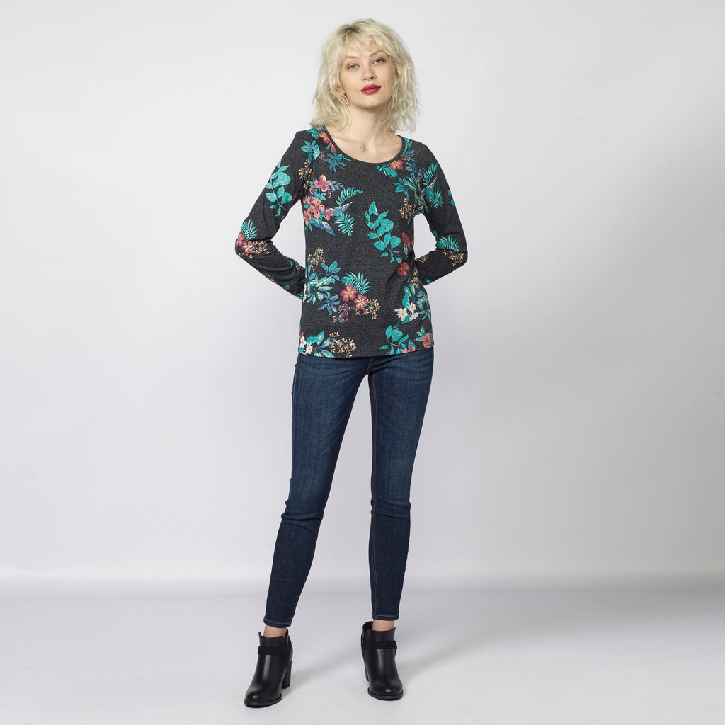 Camiseta Manga Larga Mujer Estampado Floral y Brillantes – Koroshi Antracita