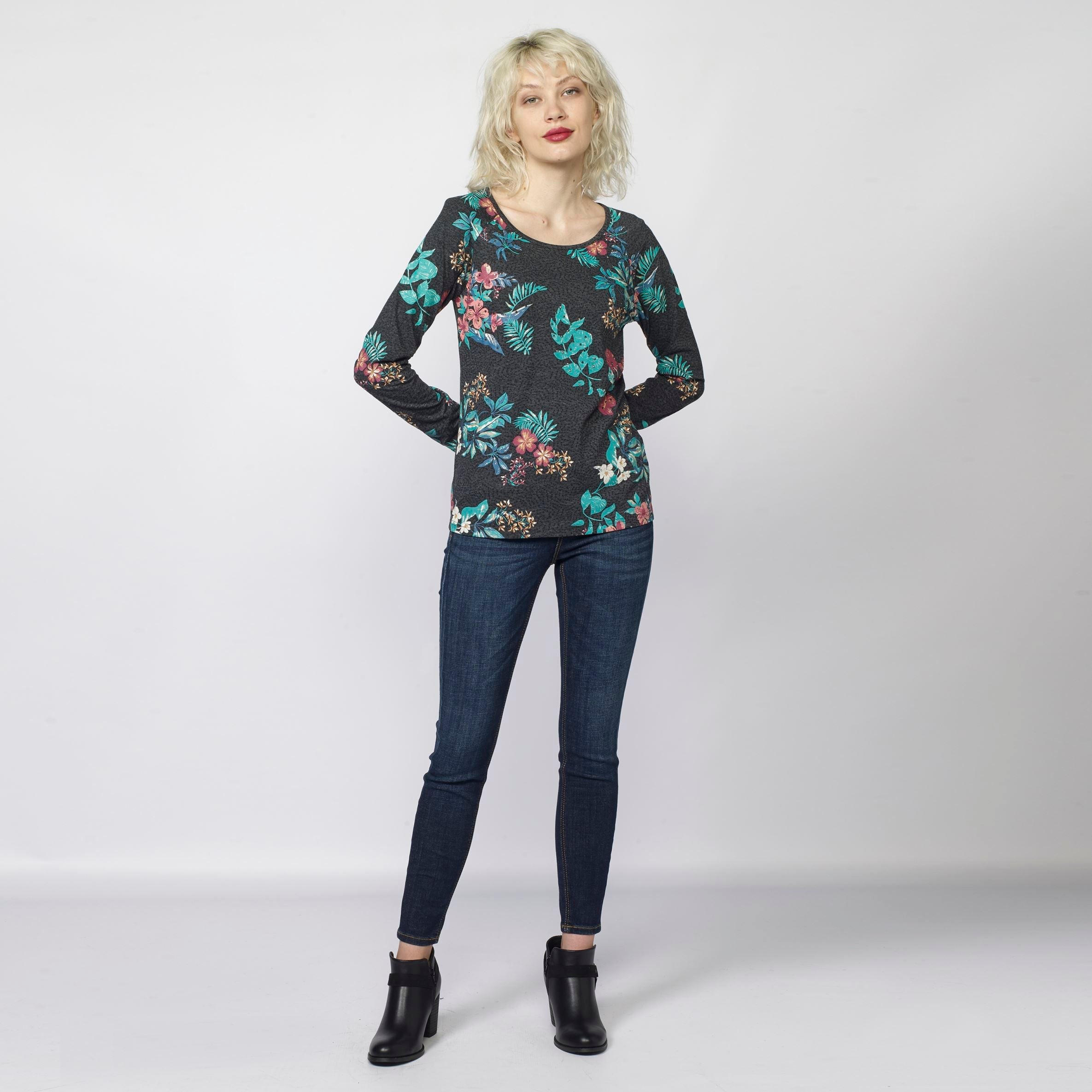 Camiseta Manga Larga Mujer Estampado Floral y Brillantes – Koroshi Antracita