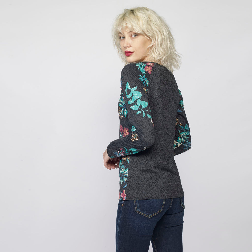 Camiseta Manga Larga Mujer Estampado Floral y Brillantes – Koroshi Antracita