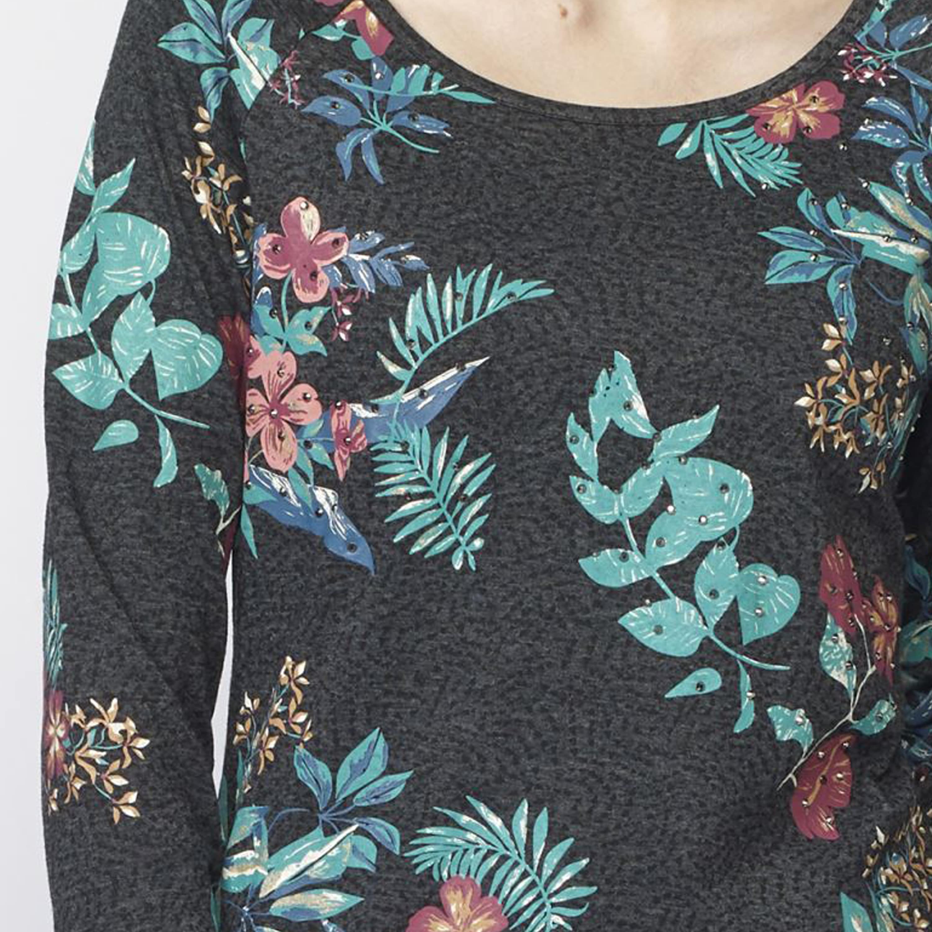 Camiseta Manga Larga Mujer Estampado Floral y Brillantes – Koroshi Antracita