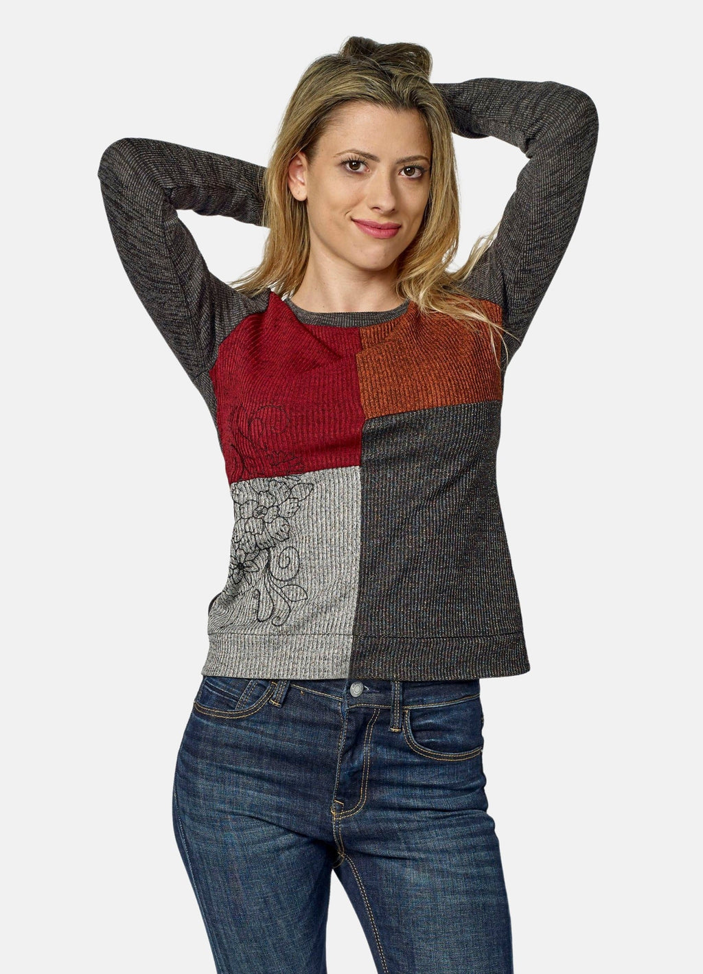 Camiseta Manga Larga Mujer Cortes a Contraste y Bordado – Koroshi Multicolor
