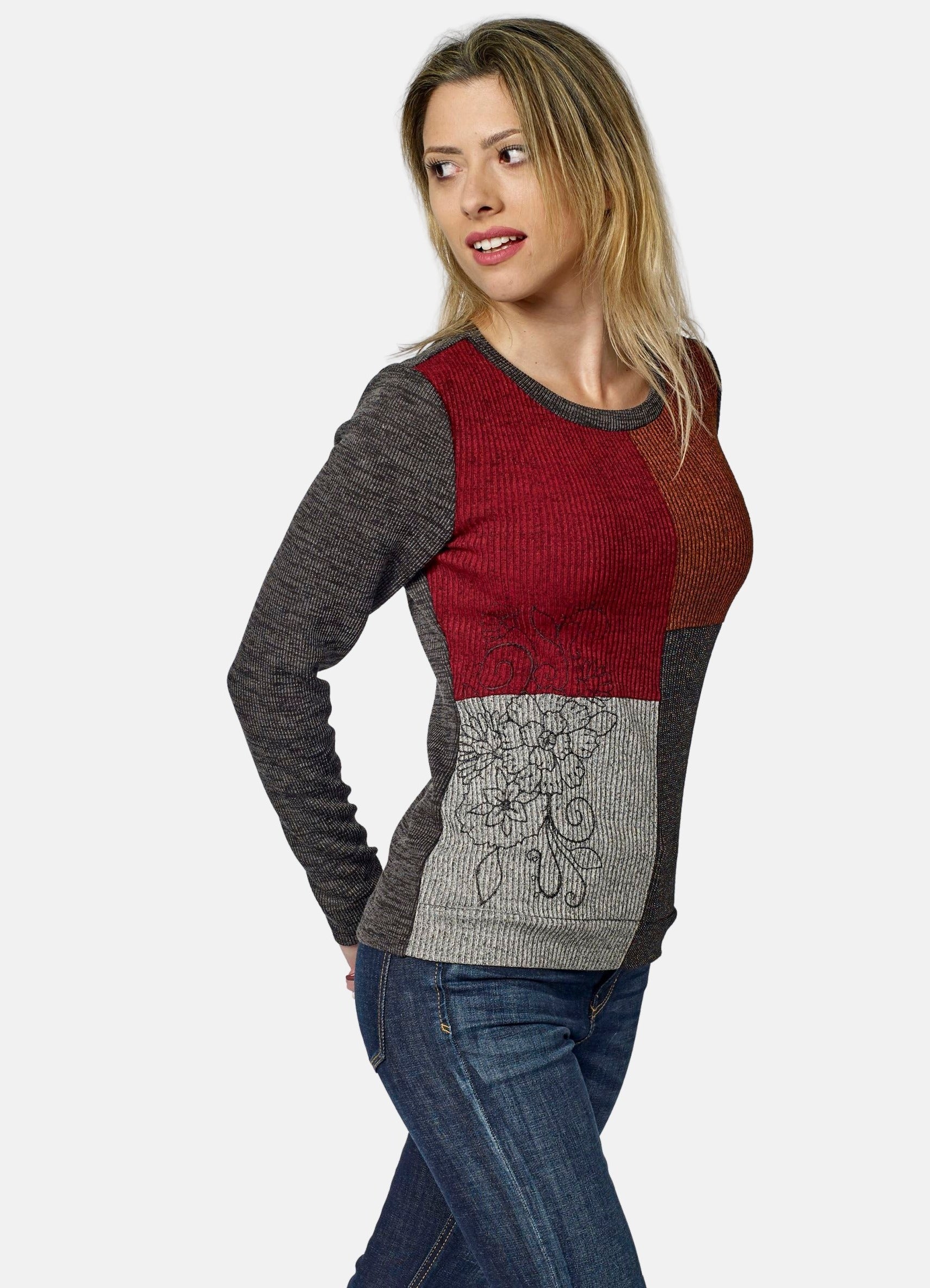 Camiseta Manga Larga Mujer Cortes a Contraste y Bordado – Koroshi Multicolor