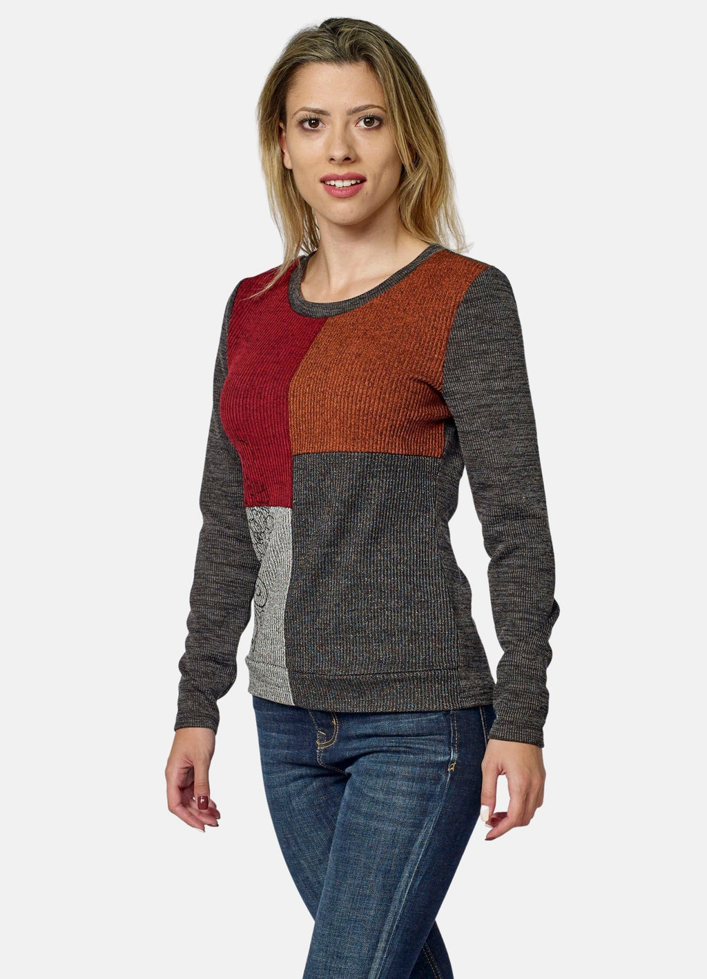 Camiseta Manga Larga Mujer Cortes a Contraste y Bordado – Koroshi Multicolor