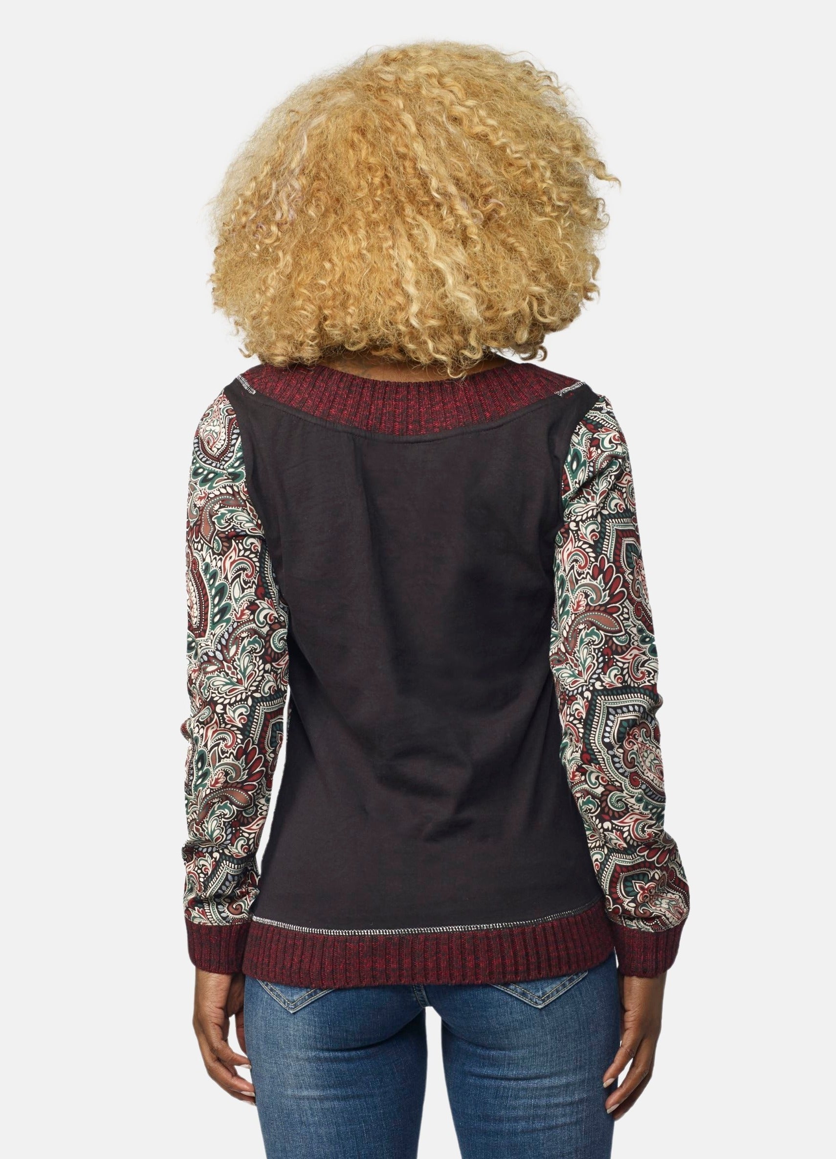 Camiseta Manga Larga Mujer Algodón Cuello Cruzado Estampado Cachemir – Koroshi 2022ML37