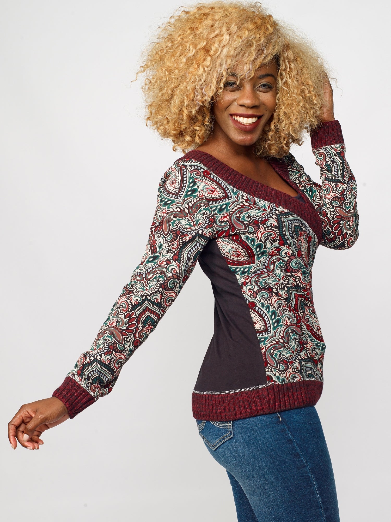 Camiseta Manga Larga Mujer Algodón Cuello Cruzado Estampado Cachemir – Koroshi 2022ML37