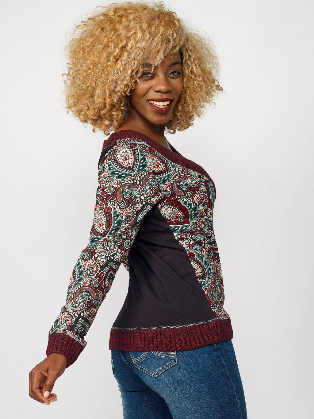 Camiseta Manga Larga Mujer Algodón Cuello Cruzado Estampado Cachemir – Koroshi 2022ML37