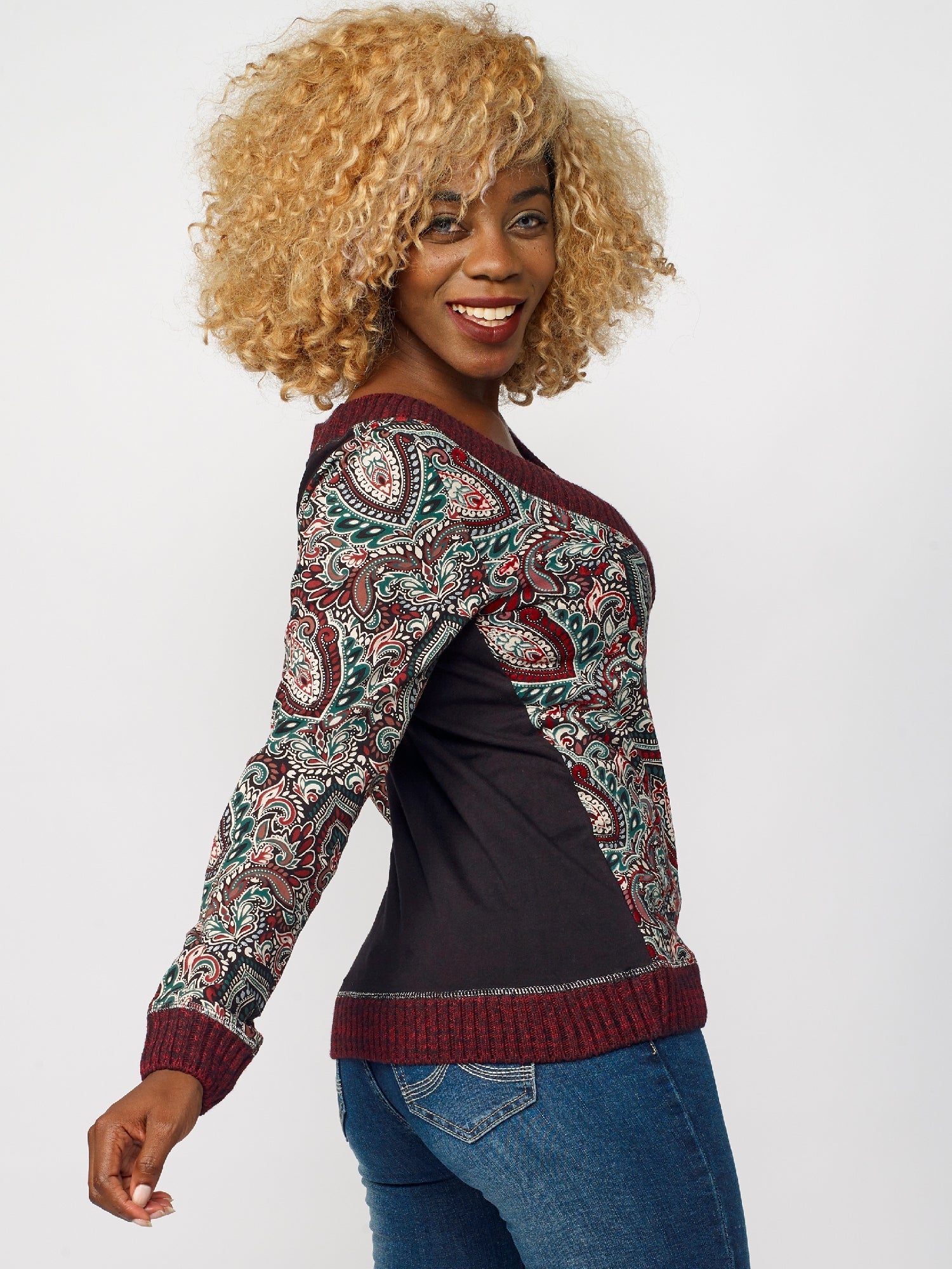 Camiseta Manga Larga Mujer Algodón Cuello Cruzado Estampado Cachemir – Koroshi 2022ML37