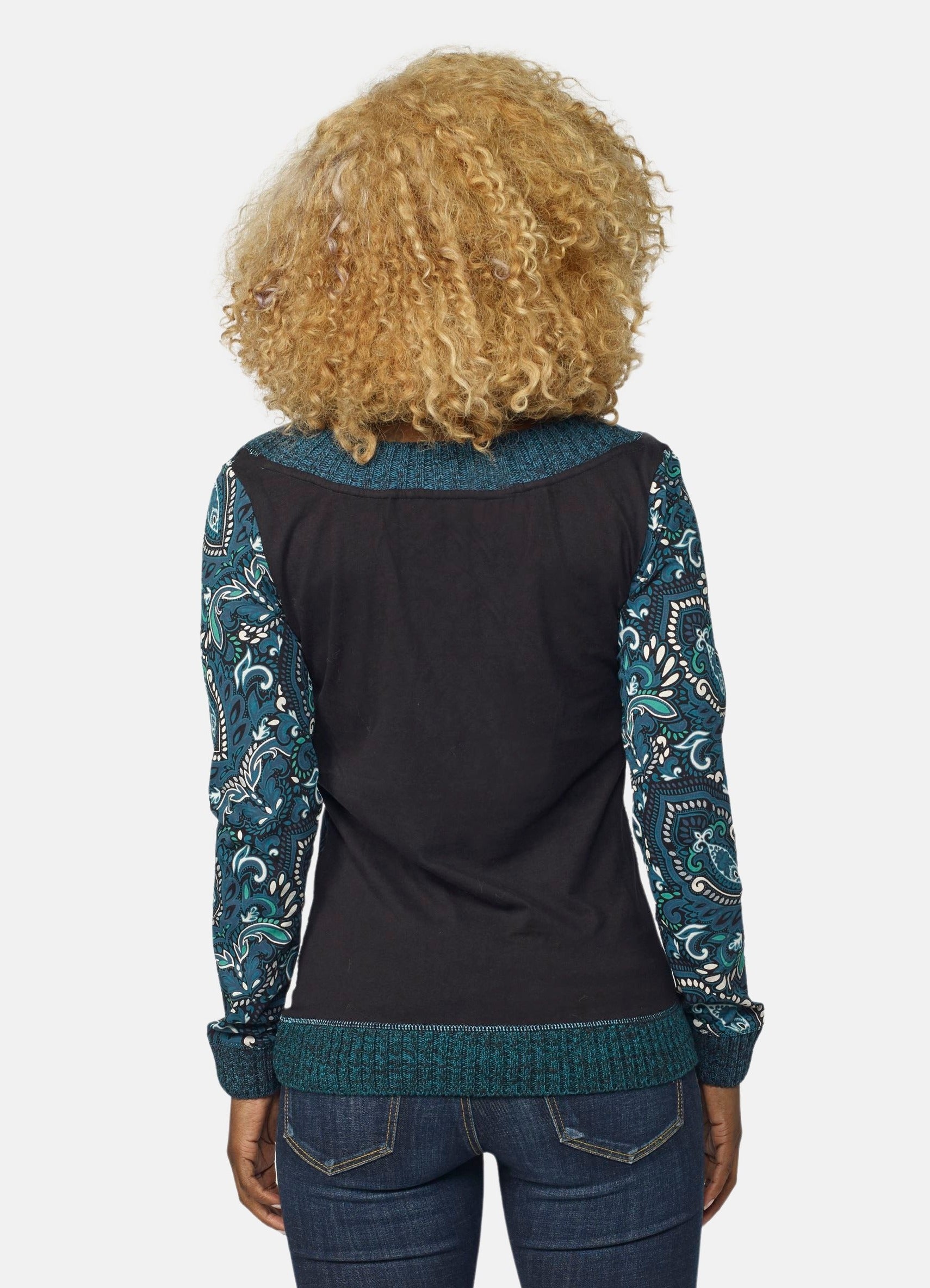 Camiseta Manga Larga Mujer Algodón Cuello Cruzado Estampado Cachemir – Koroshi 2022ML37