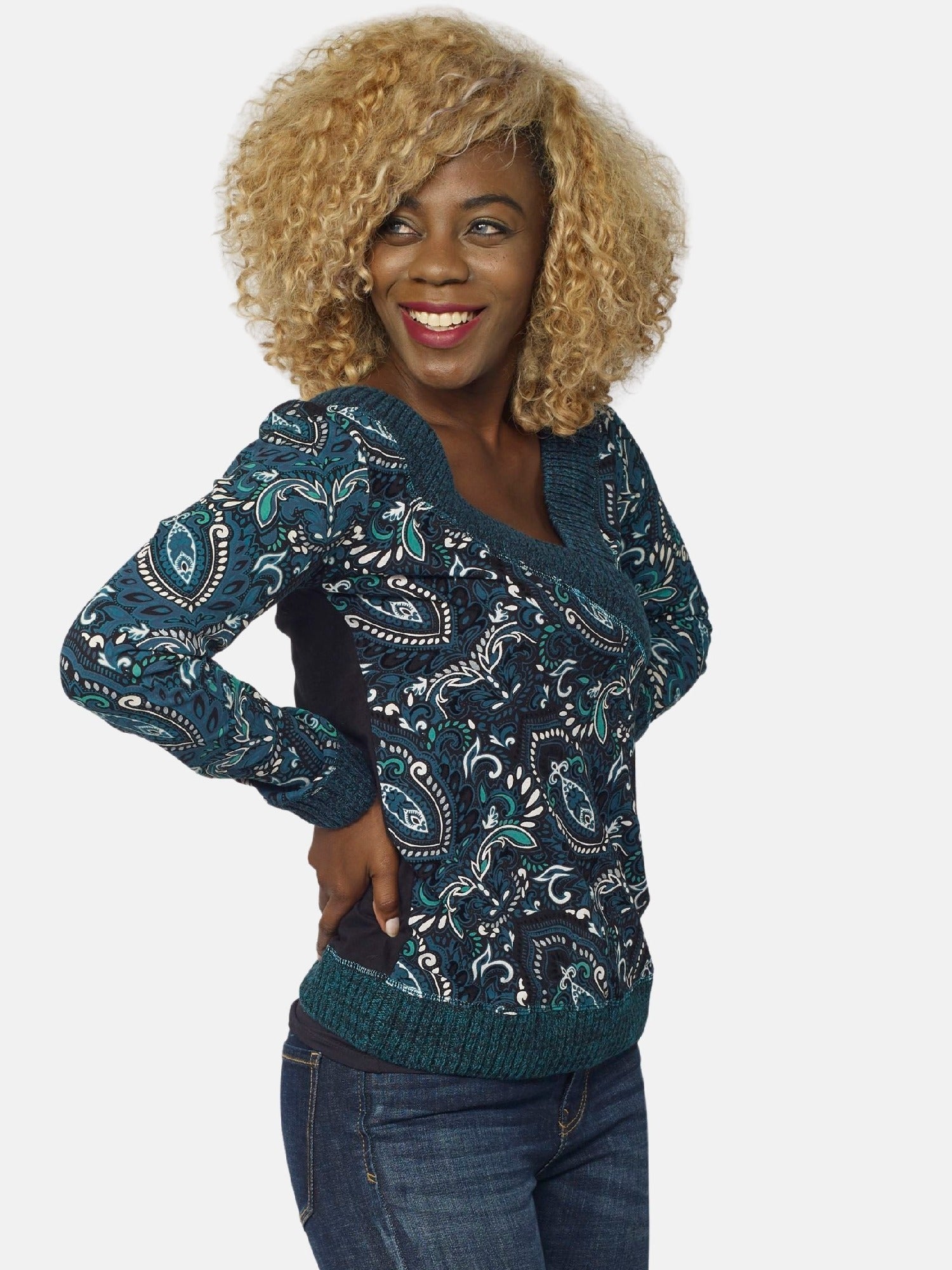 Camiseta Manga Larga Mujer Algodón Cuello Cruzado Estampado Cachemir – Koroshi 2022ML37