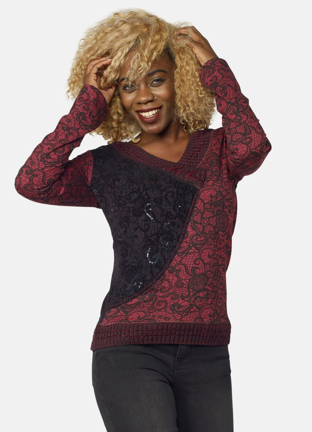 Camiseta Manga Larga Mujer Estampada en Flock con Lentejuelas – Koroshi 2022ML40