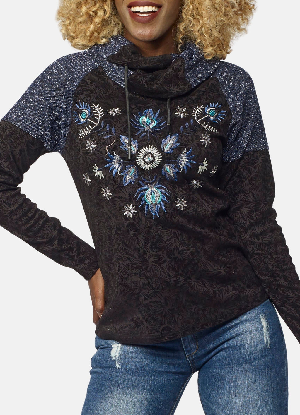 Camiseta Manga Larga Mujer Cuello Cruzado Ajustable Bordado Floral – Koroshi 2022ML61