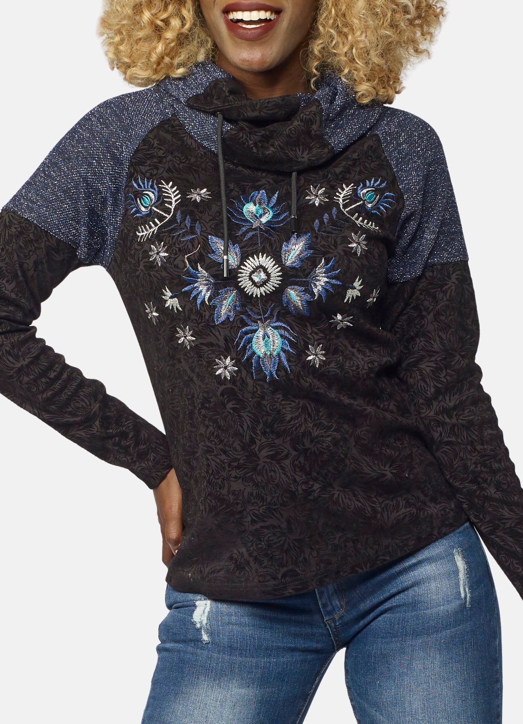 Camiseta Manga Larga Mujer Cuello Cruzado Ajustable Bordado Floral – Koroshi 2022ML61