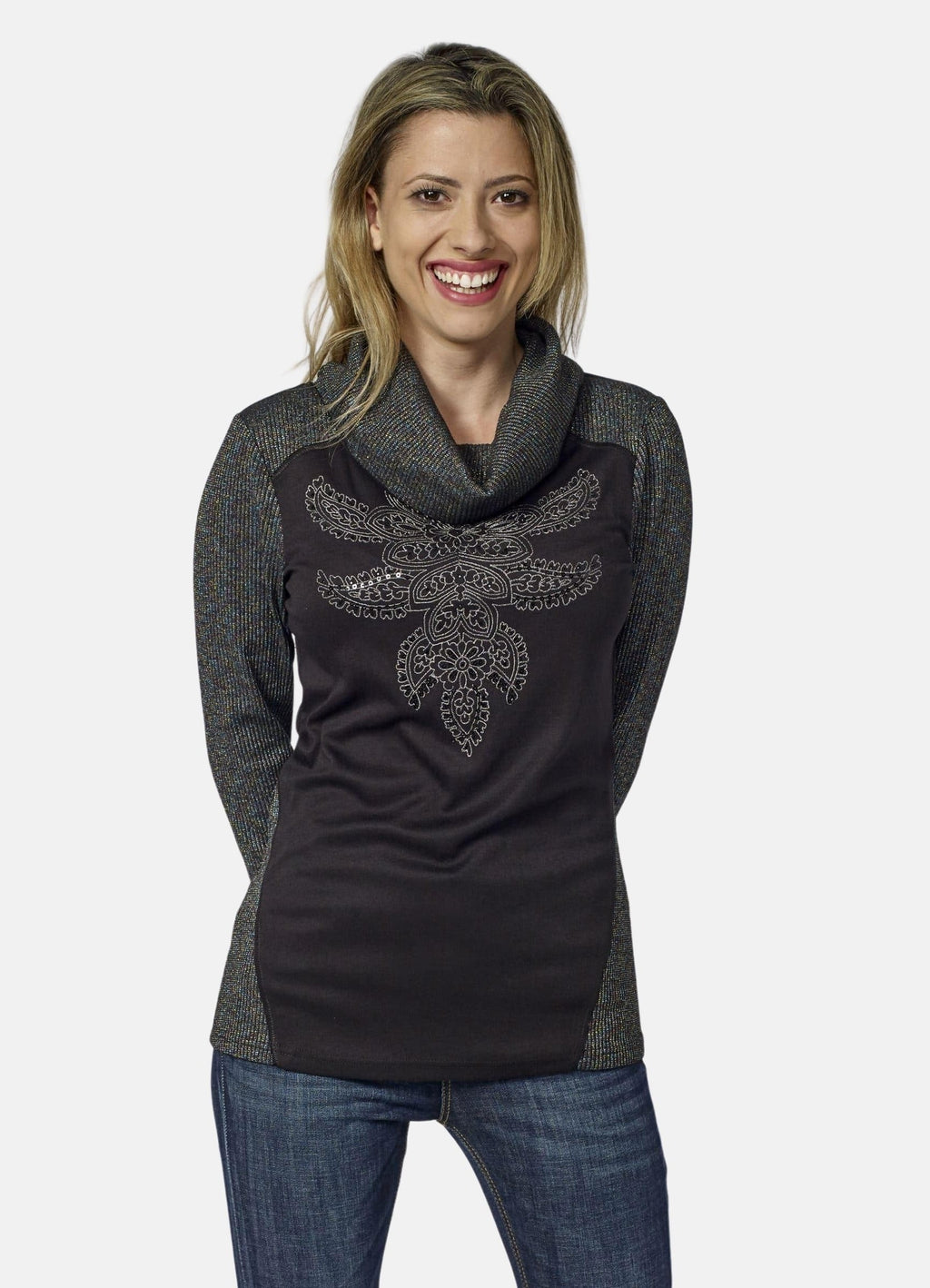 Camiseta Manga Larga Mujer Cuello Vuelto Bordado en Lurex – Koroshi Negro