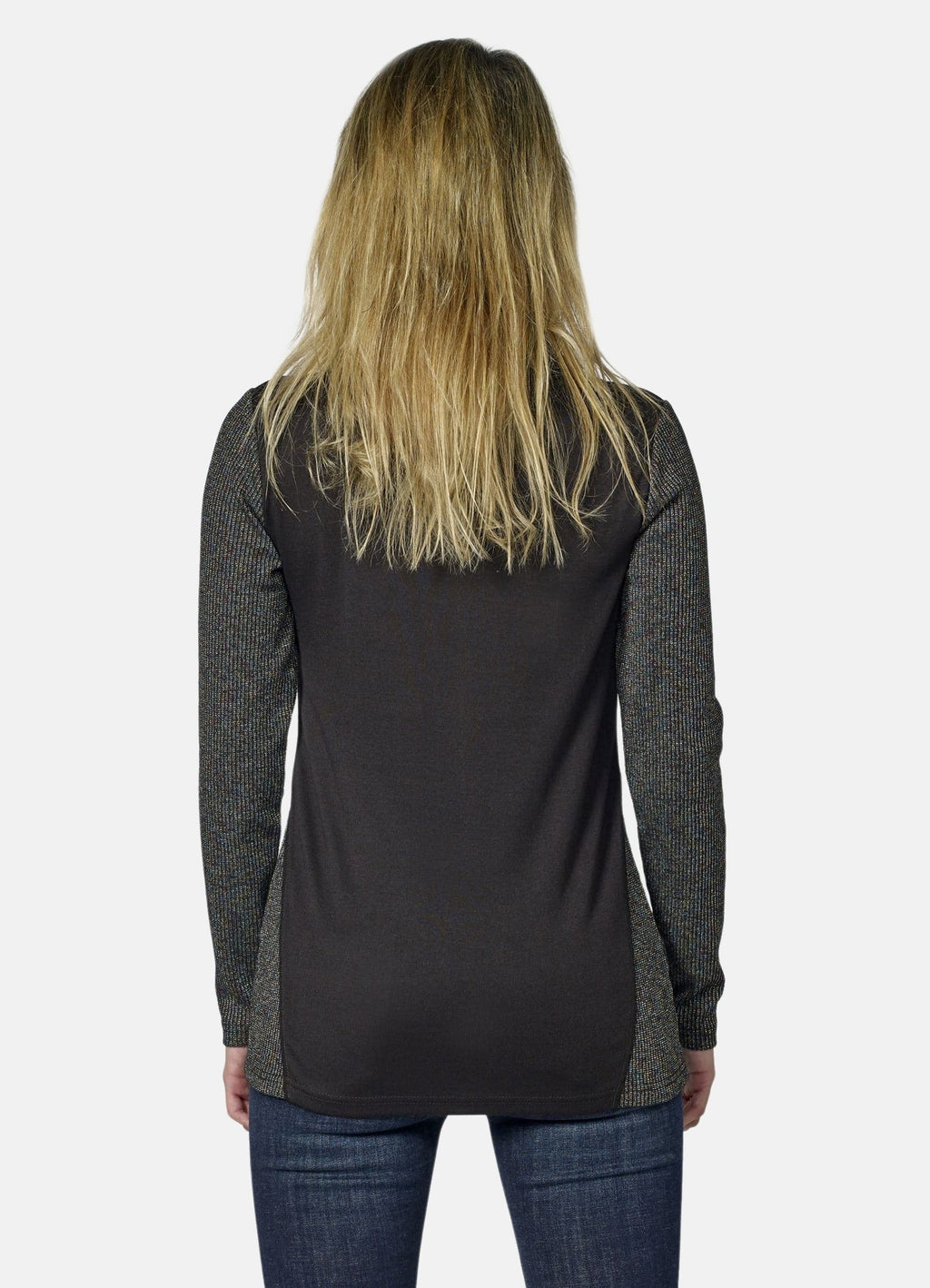 Camiseta Manga Larga Mujer Cuello Vuelto Bordado en Lurex – Koroshi Negro