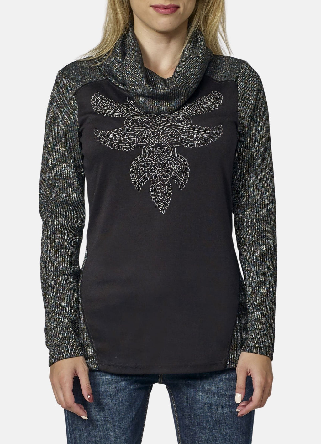 Camiseta Manga Larga Mujer Cuello Vuelto Bordado en Lurex – Koroshi Negro