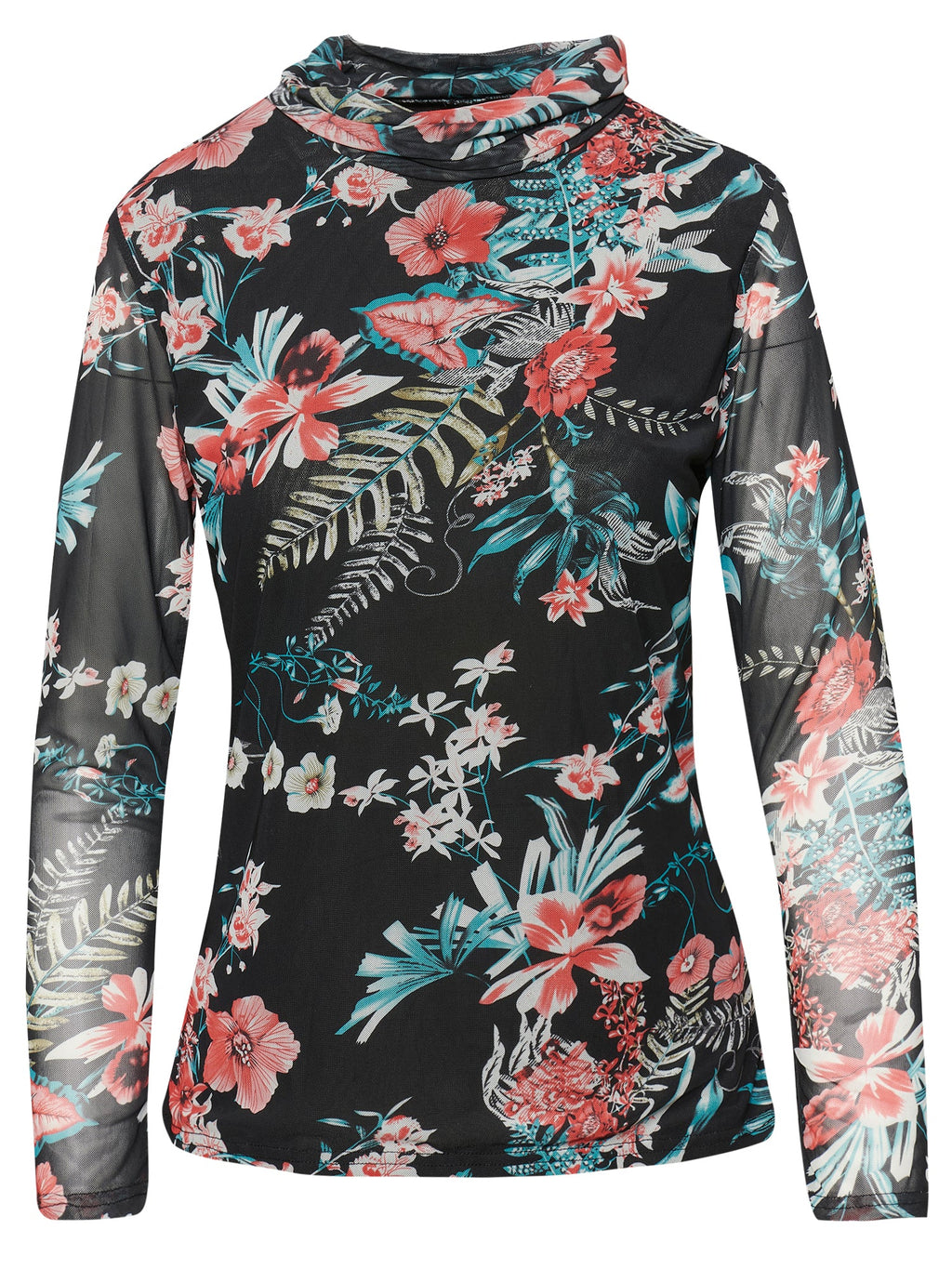 Camiseta Manga Larga Mujer Cuello Vuelto Estampado Floral – Koroshi Negro