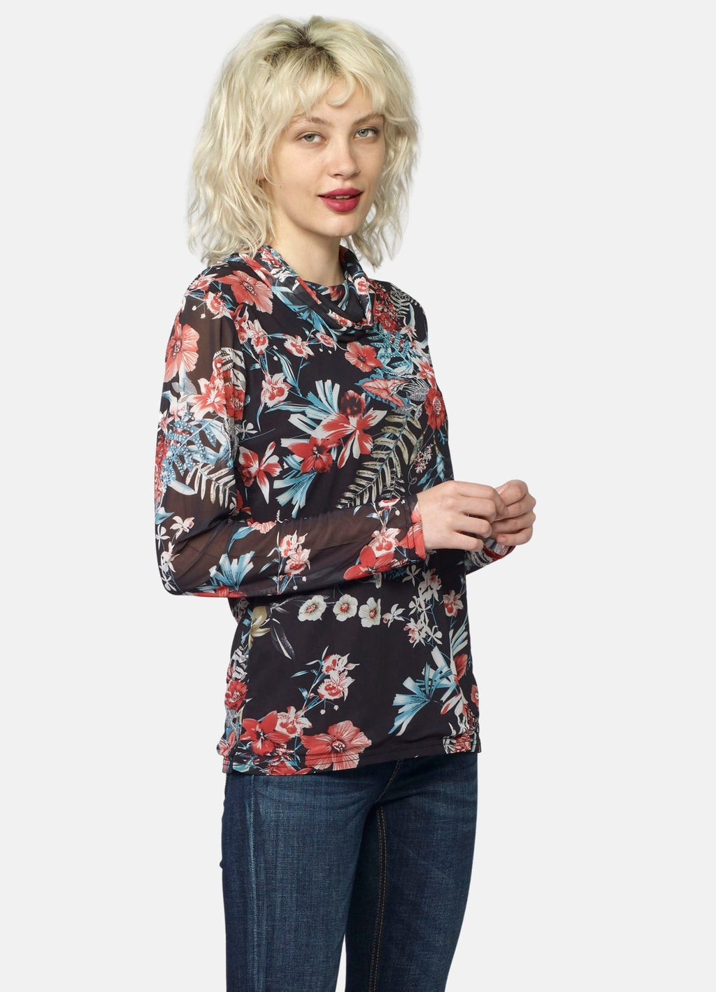 Camiseta Manga Larga Mujer Cuello Vuelto Estampado Floral – Koroshi Negro