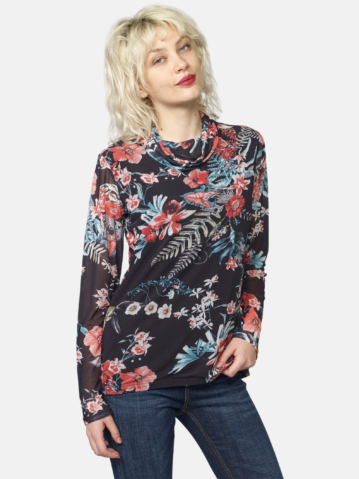 Camiseta Manga Larga Mujer Cuello Vuelto Estampado Floral – Koroshi Negro