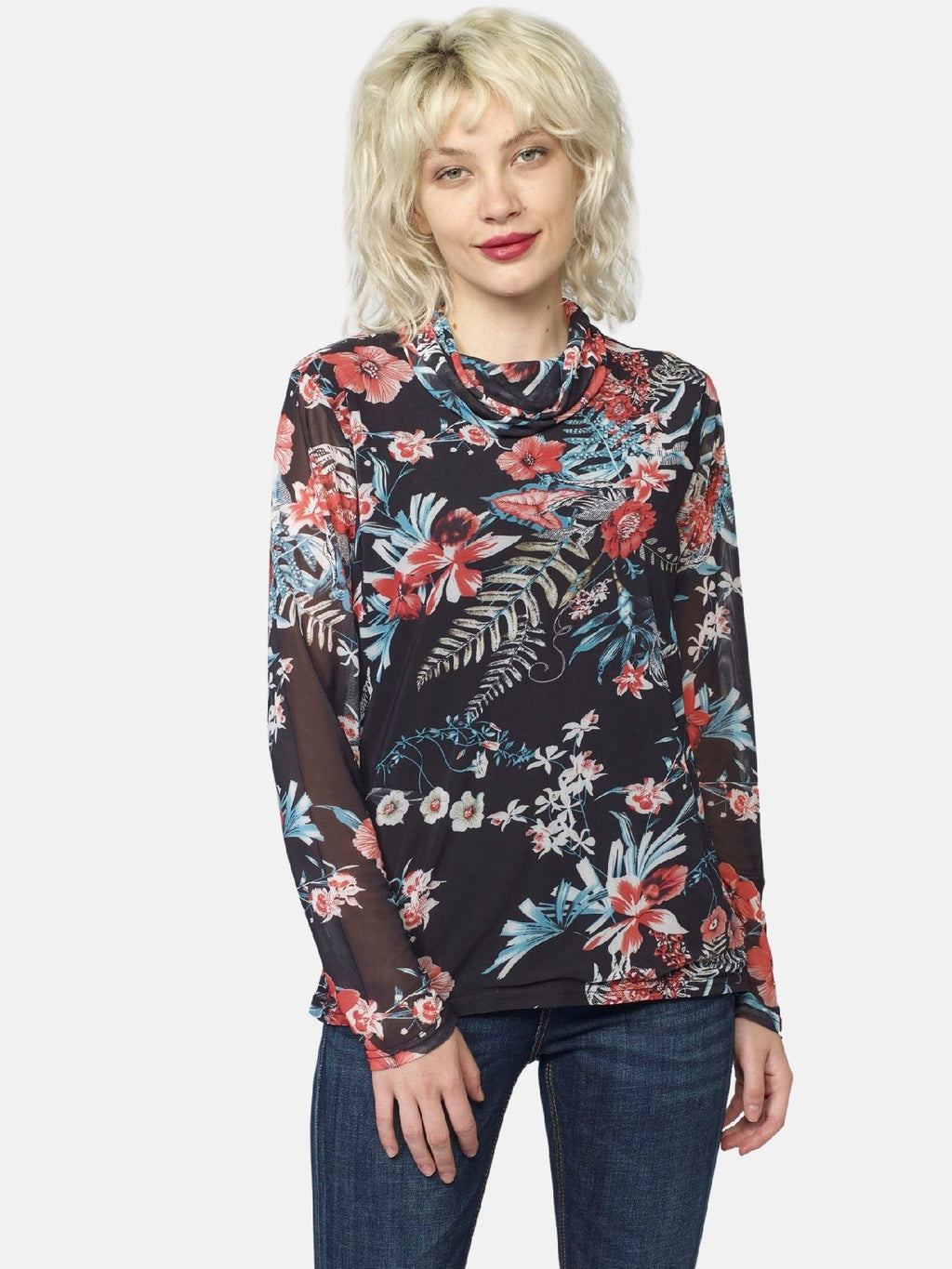 Camiseta Manga Larga Mujer Cuello Vuelto Estampado Floral – Koroshi Negro