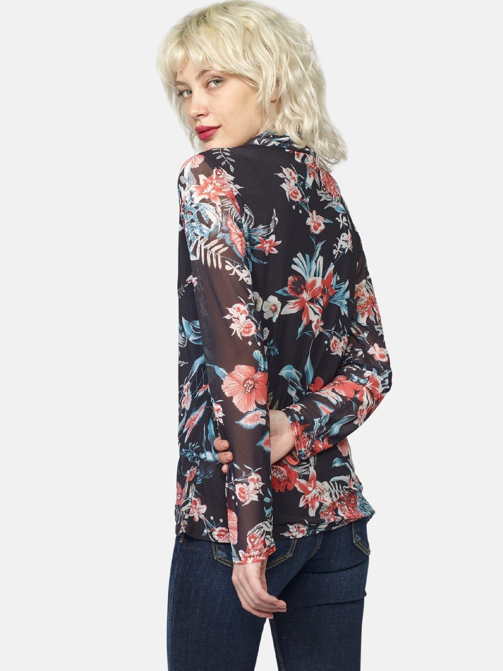 Camiseta Manga Larga Mujer Cuello Vuelto Estampado Floral – Koroshi Negro