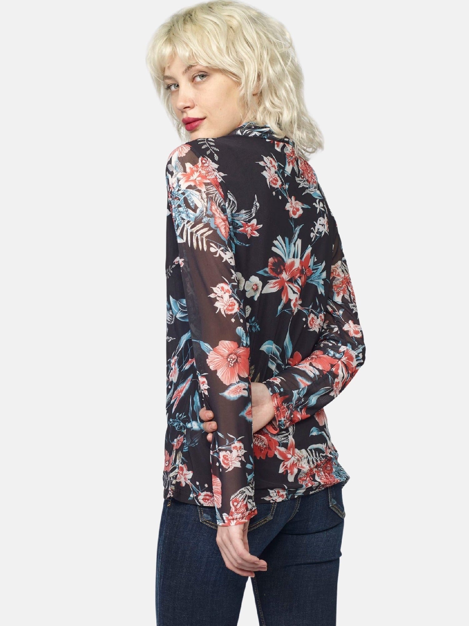 Camiseta Manga Larga Mujer Cuello Vuelto Estampado Floral – Koroshi Negro