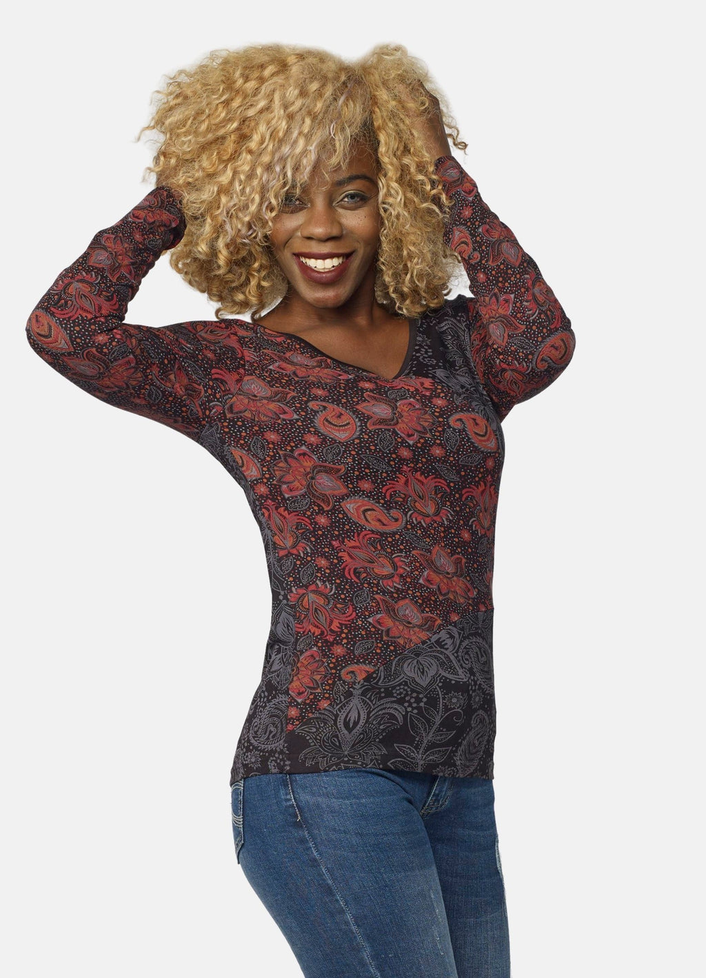 Camiseta Manga Larga Mujer Estampado Cachemir – Koroshi 2022ML77