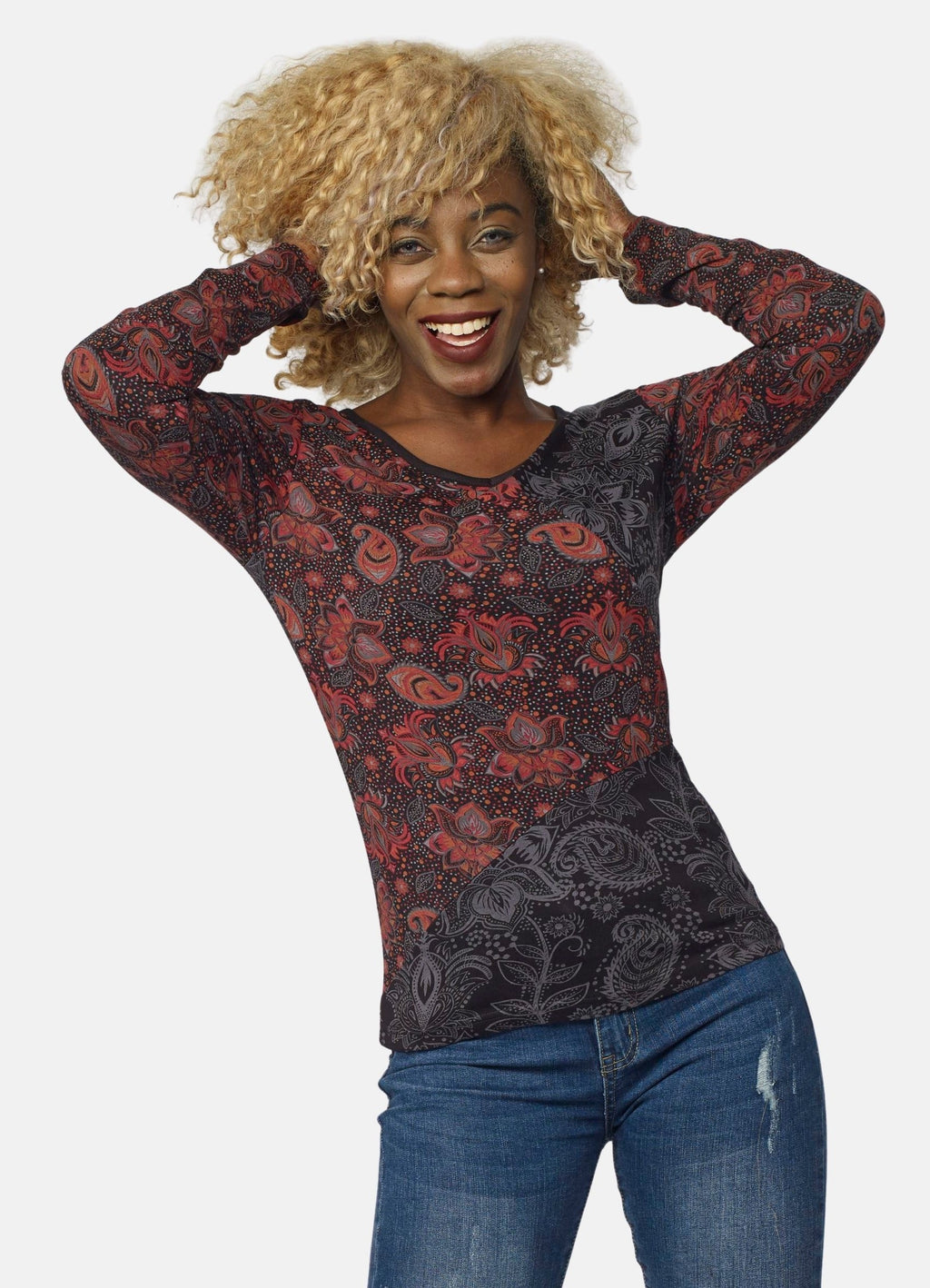 Camiseta Manga Larga Mujer Estampado Cachemir – Koroshi 2022ML77