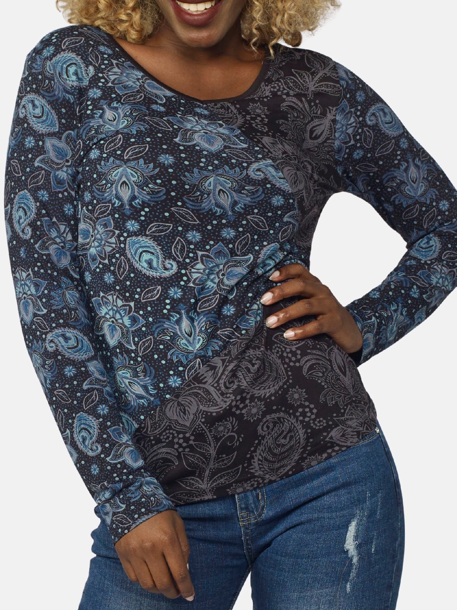 Camiseta Manga Larga Mujer Estampado Cachemir – Koroshi 2022ML77