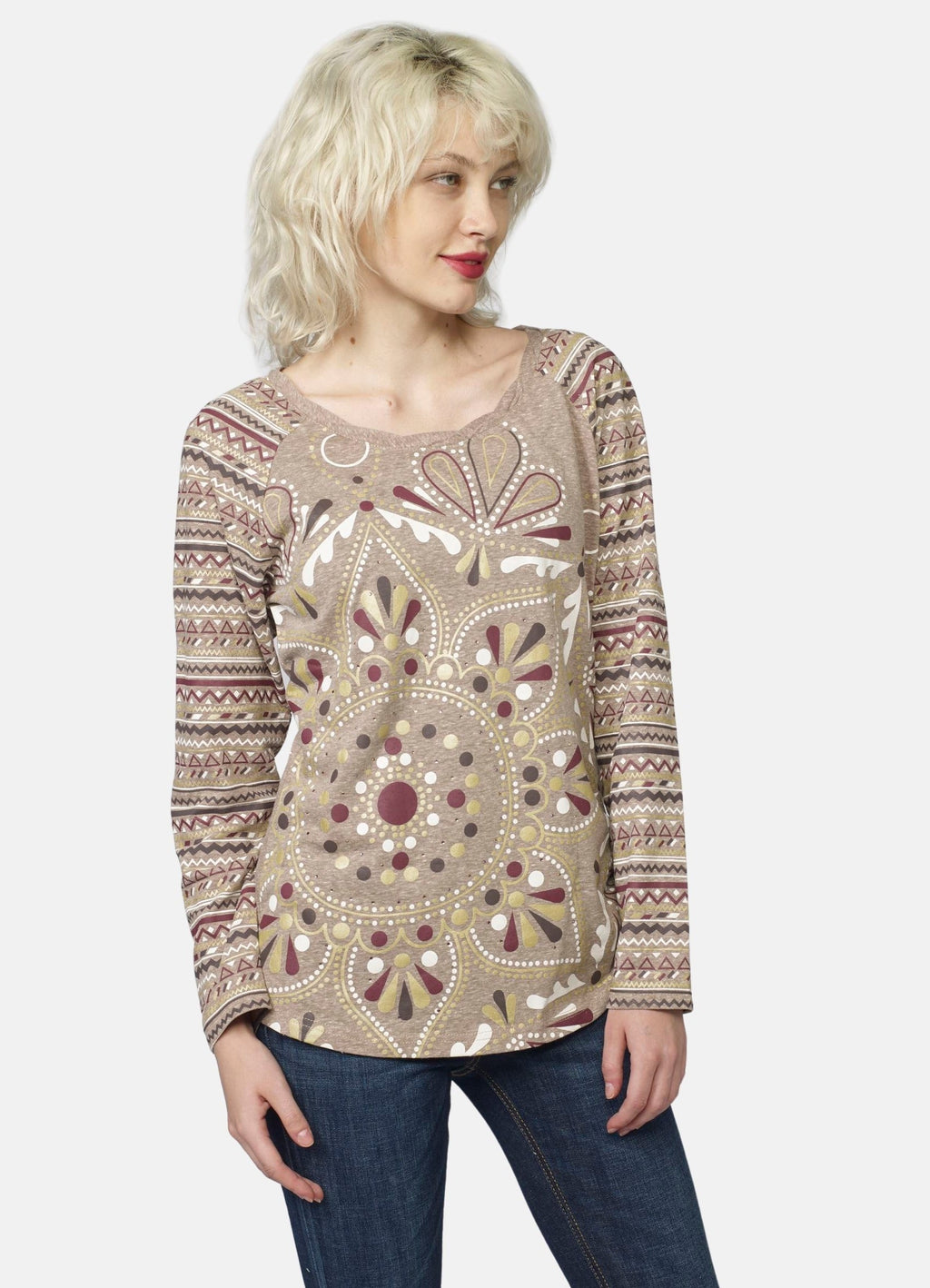 Camiseta Manga Larga Raglán Mujer Estampado Étnico Foil – Koroshi 2022ML79