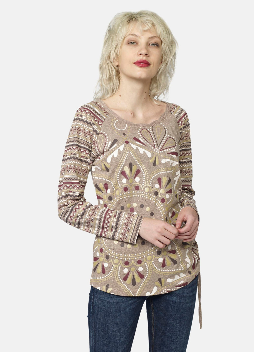 Camiseta Manga Larga Raglán Mujer Estampado Étnico Foil – Koroshi 2022ML79