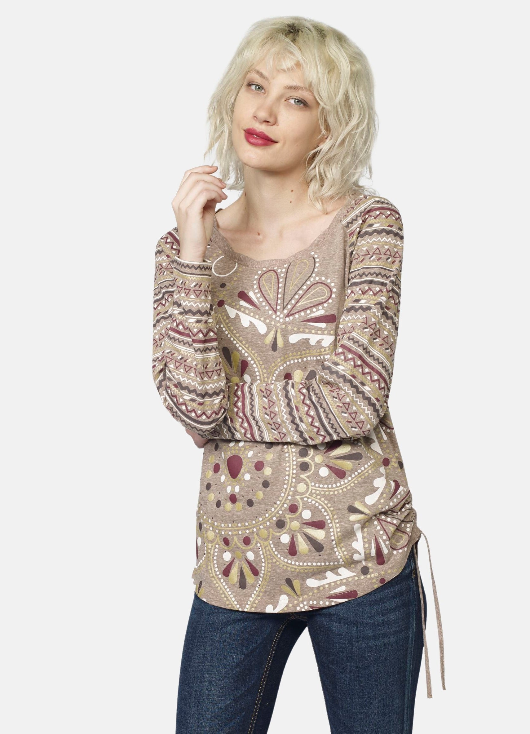 Camiseta Manga Larga Raglán Mujer Estampado Étnico Foil – Koroshi 2022ML79