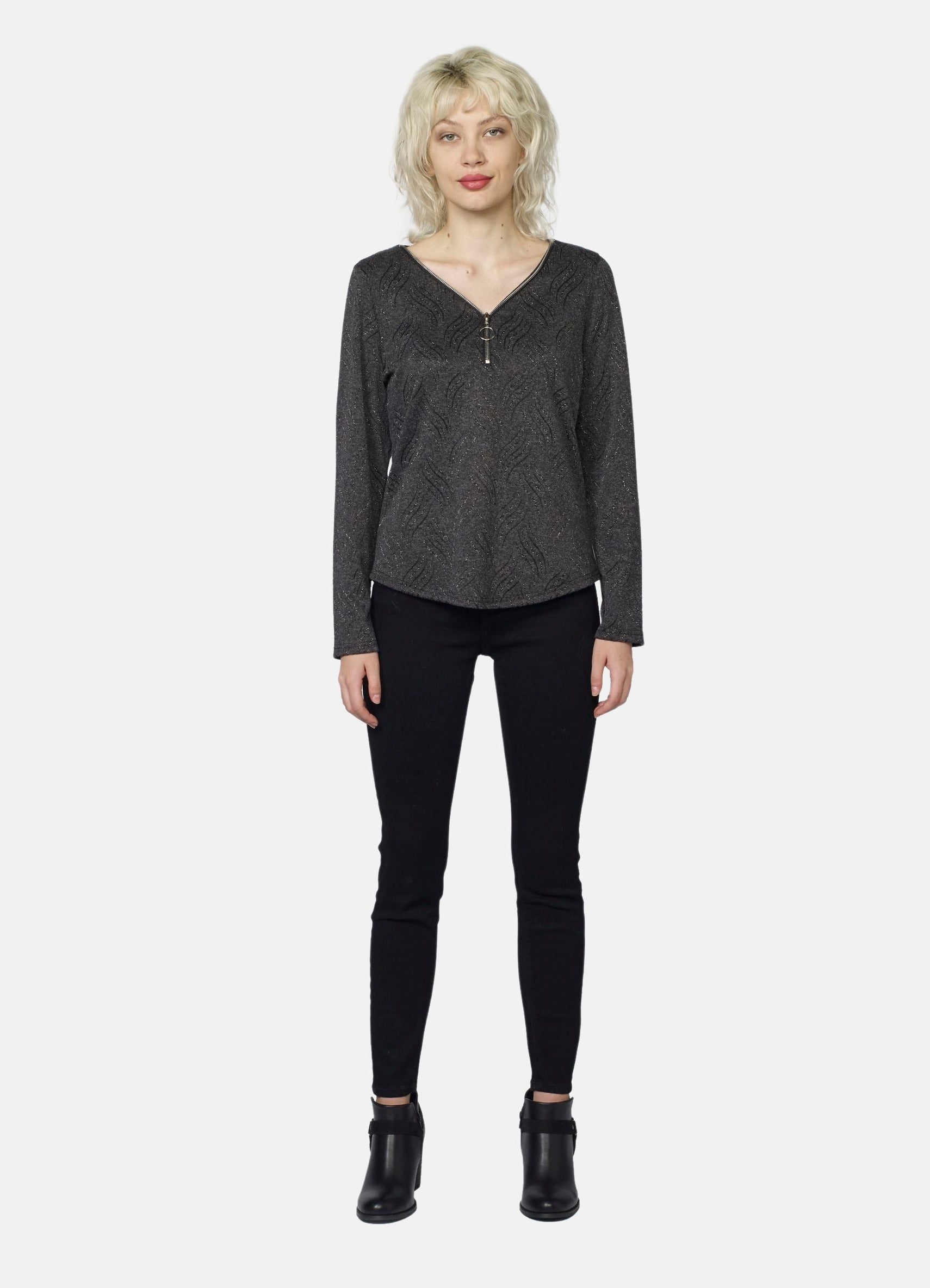 Camiseta Manga Larga Mujer Escote Cremallera Detalles Lurex – Koroshi Gris
