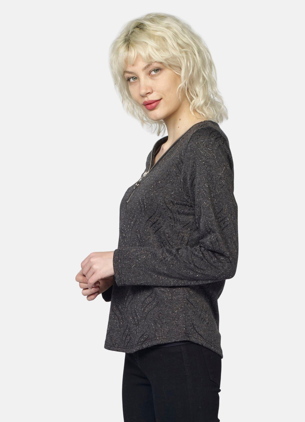 Camiseta Manga Larga Mujer Escote Cremallera Detalles Lurex – Koroshi Gris