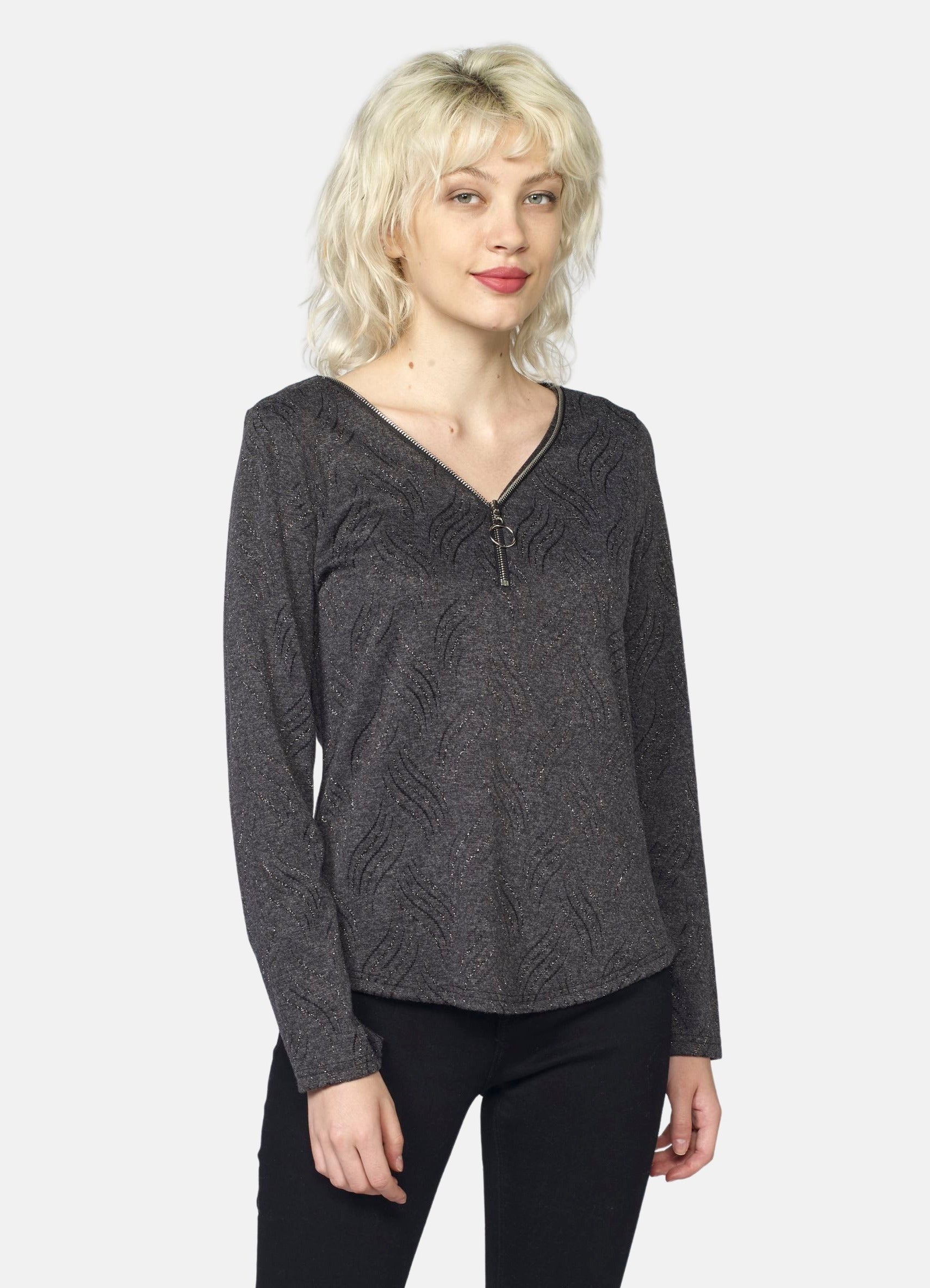 Camiseta Manga Larga Mujer Escote Cremallera Detalles Lurex – Koroshi Gris