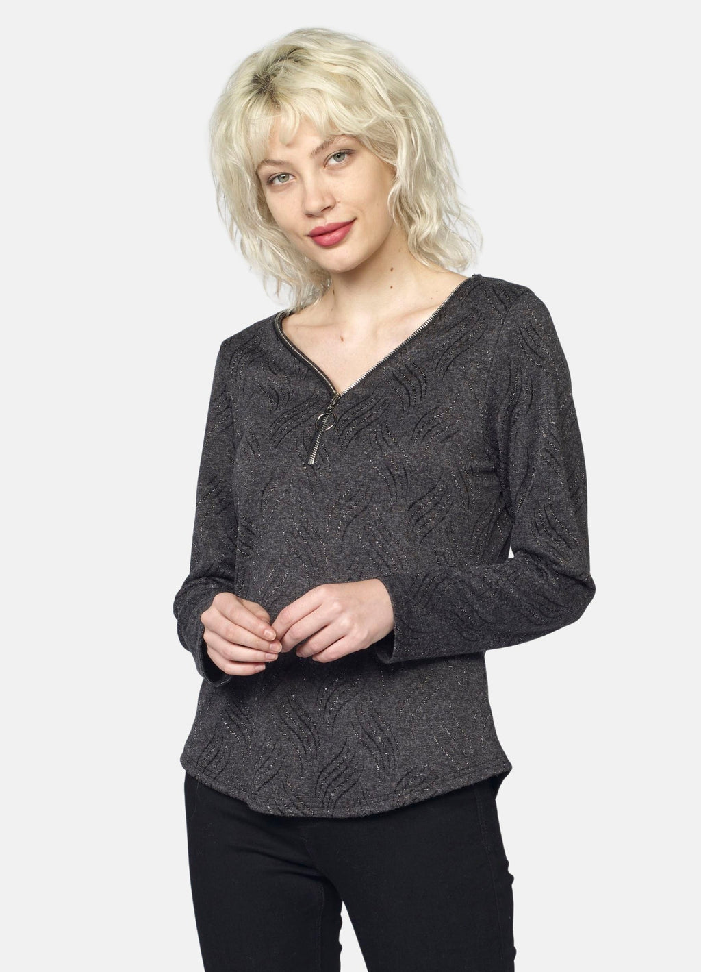 Camiseta Manga Larga Mujer Escote Cremallera Detalles Lurex – Koroshi Gris
