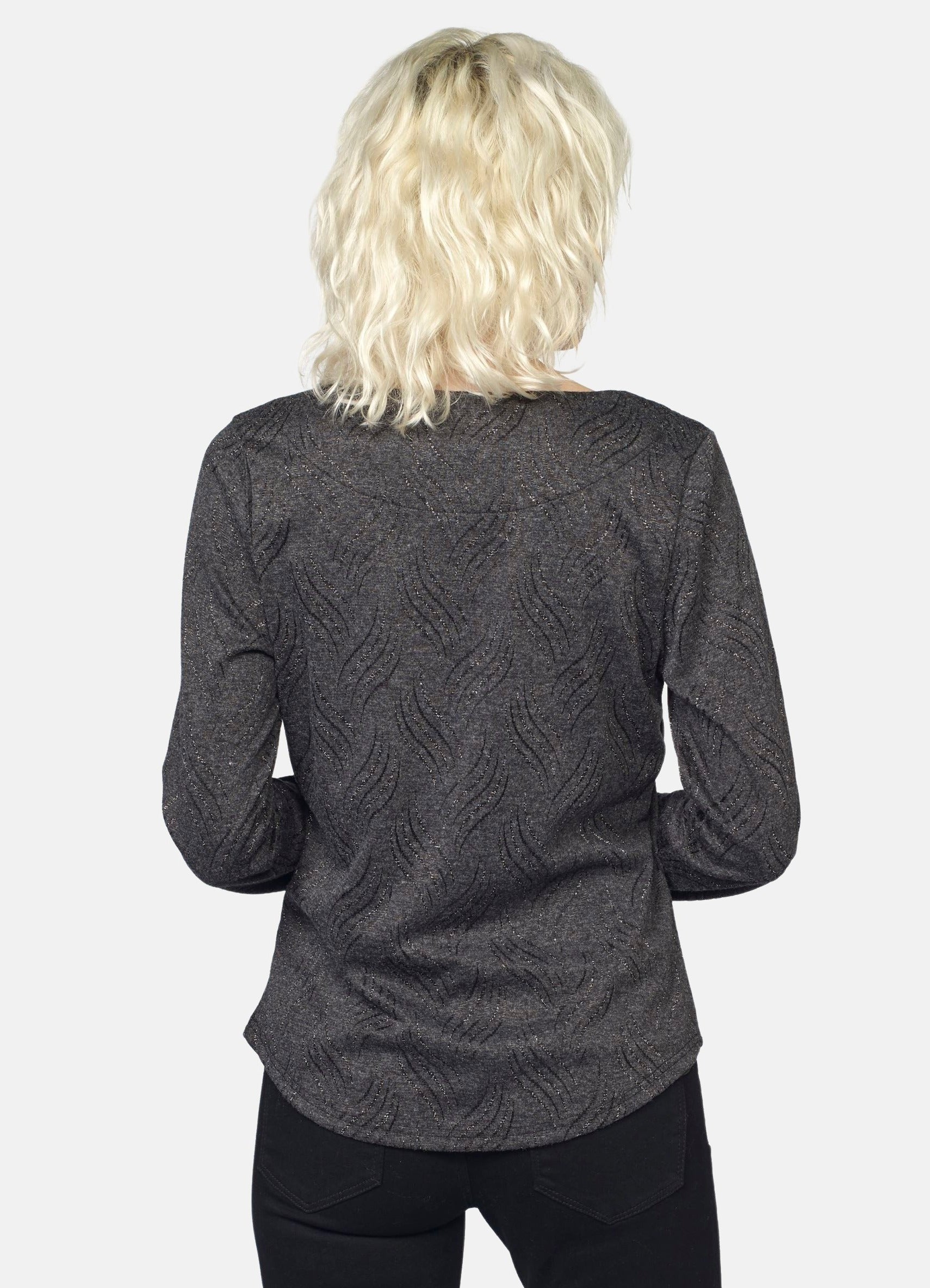 Camiseta Manga Larga Mujer Escote Cremallera Detalles Lurex – Koroshi Gris