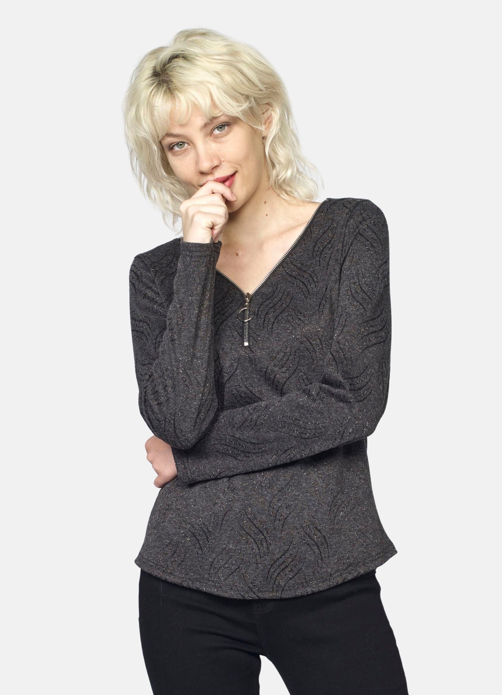 Camiseta Manga Larga Mujer Escote Cremallera Detalles Lurex – Koroshi Gris